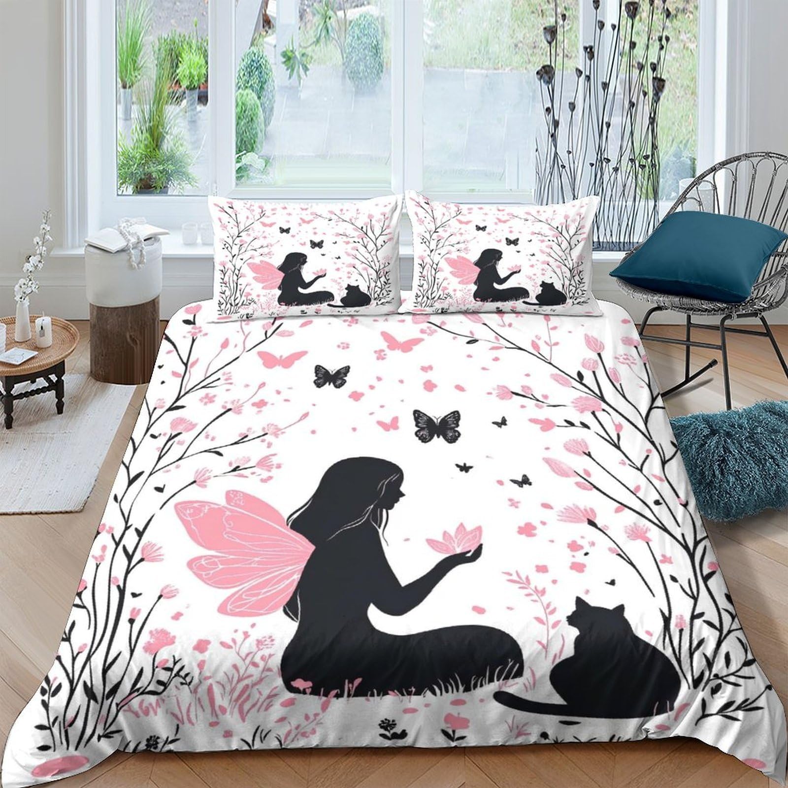 Ctjqhvkz Style-4 3D Printed Fairy Cat Fitted Sheet Microfiber Soft Pink Butterfly Bed Cover For Bedroom Guest Room Decor Single（135X200cm）