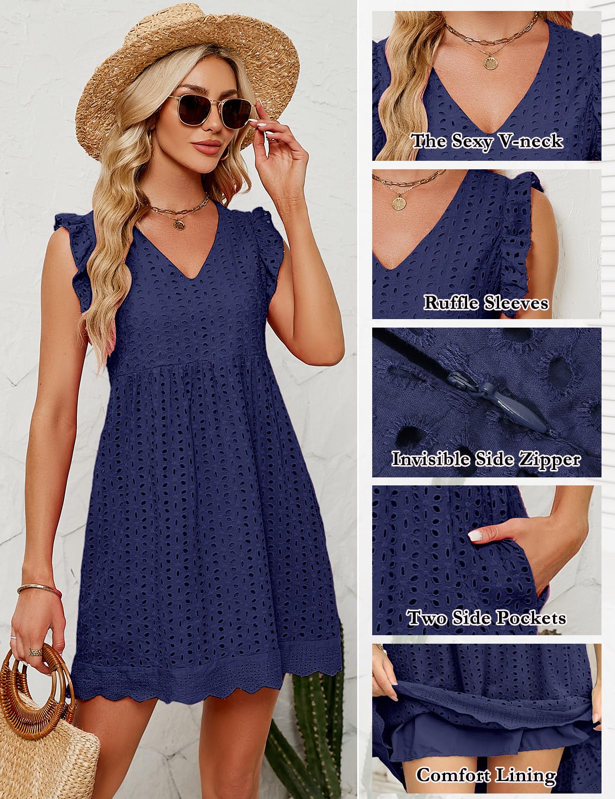 heekpek Abito Estivo Donna Scollo a V Vestito Corto Donna Cotone Senza Maniche con Volant Abiti Leggero Jacquard Abito a Canotta Casual Abito Mare da Spiaggia con Tasche