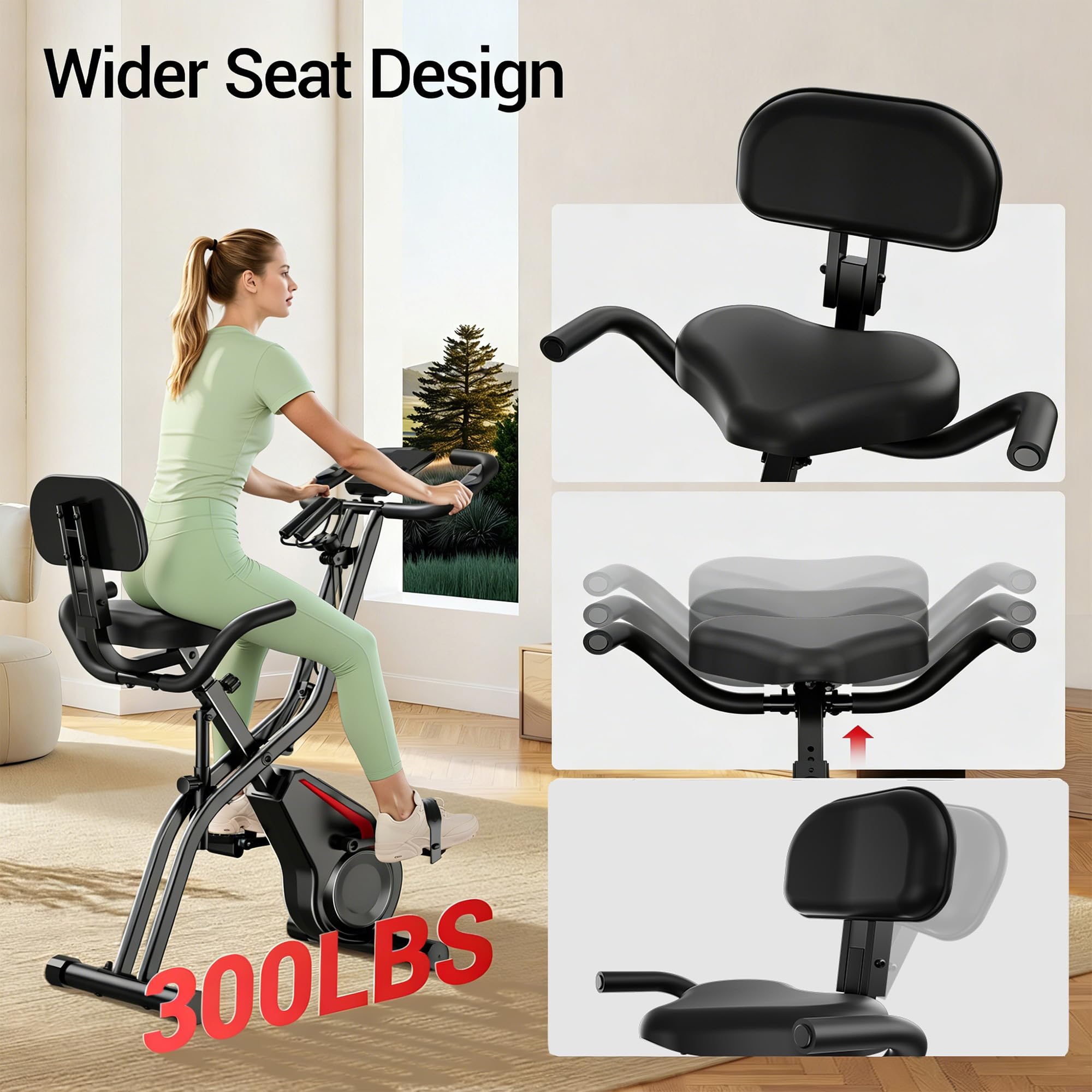 Bicicleta estática para casa plegable 5 en 1 con respaldo, bicicleta estática magnética con pantalla LCD y bandas elásticas, bicicleta estática silenciosa hasta 136 kg