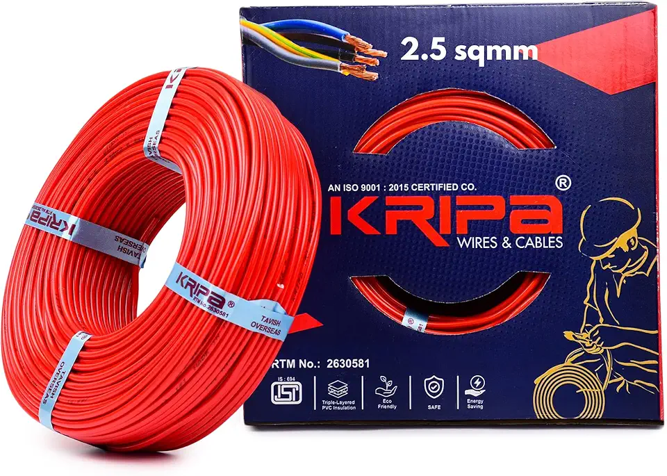 KRIPA 2.5 SQ.MM FR PVC Insulated CCA Copper Wire | 90 Meter | Single Core Multi-Strand House Cable | Gauge 10 (Red) | Flame Retardant Wire for Home & Industrial Use