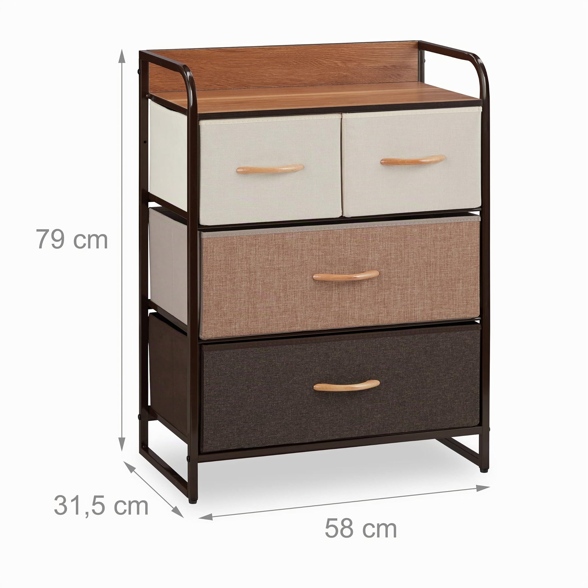 Relaxdays Mobiletto con Cassetti, 4 Tiretti Pieghevoli in Tessuto, Ripiano, HLP HBT 79 x 58 x 31,5 cm, Marrone