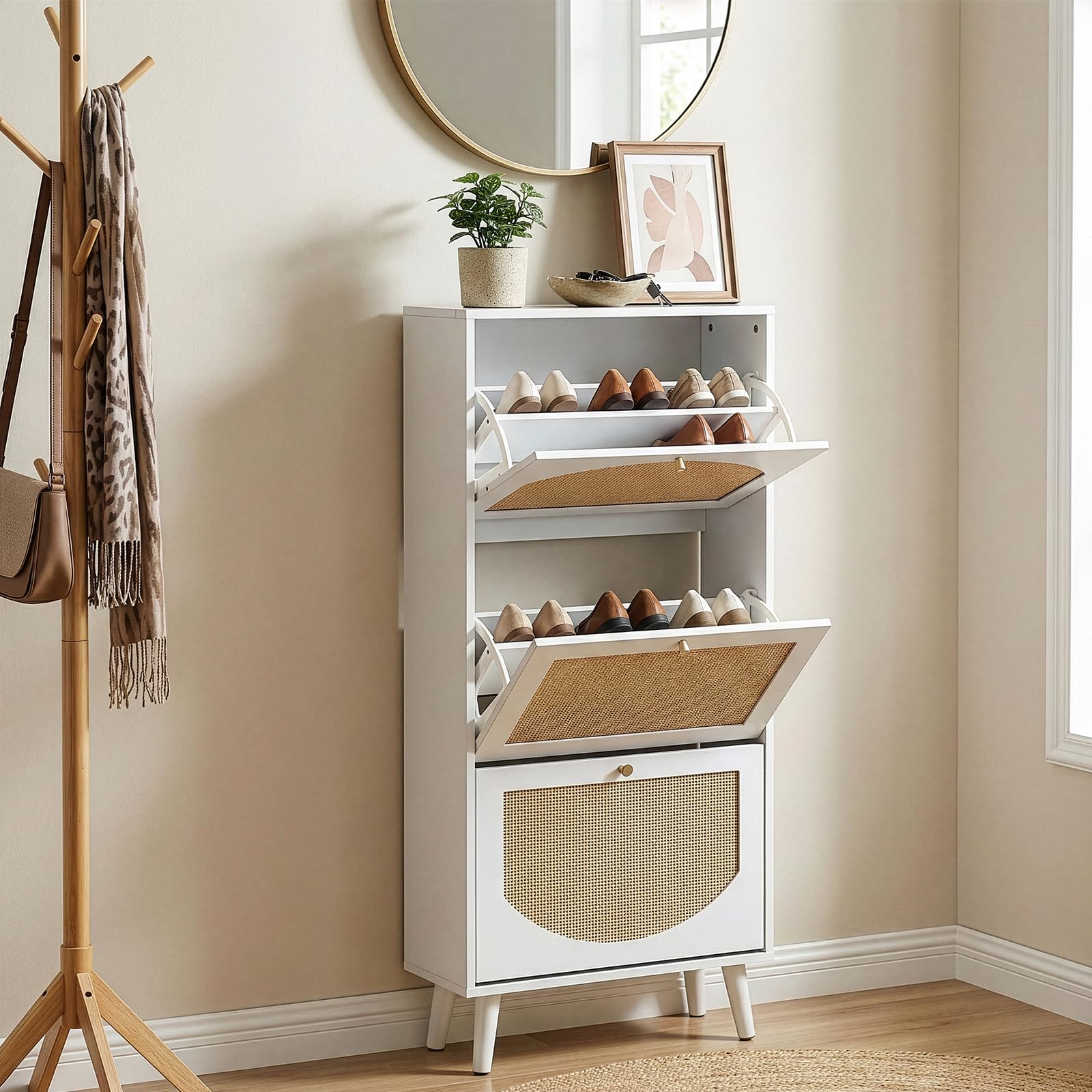 Schuhschrank Schmal, Schuhregal mit 3 Klappen, Schuhkipper Weiß