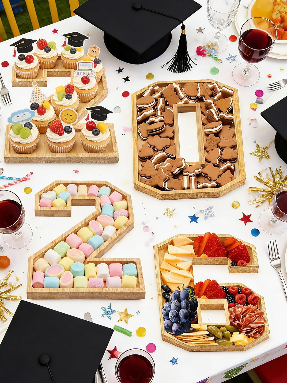 MADHOLLY Bamboo 2026 Graduation Numbers Charcuterie Fillable Board - 12"x8" Each Reusable Food Serving Trays, Grad Party Table Decor Platters for Cupcakes, Snacks, Cookies, Fruit, Set of 4