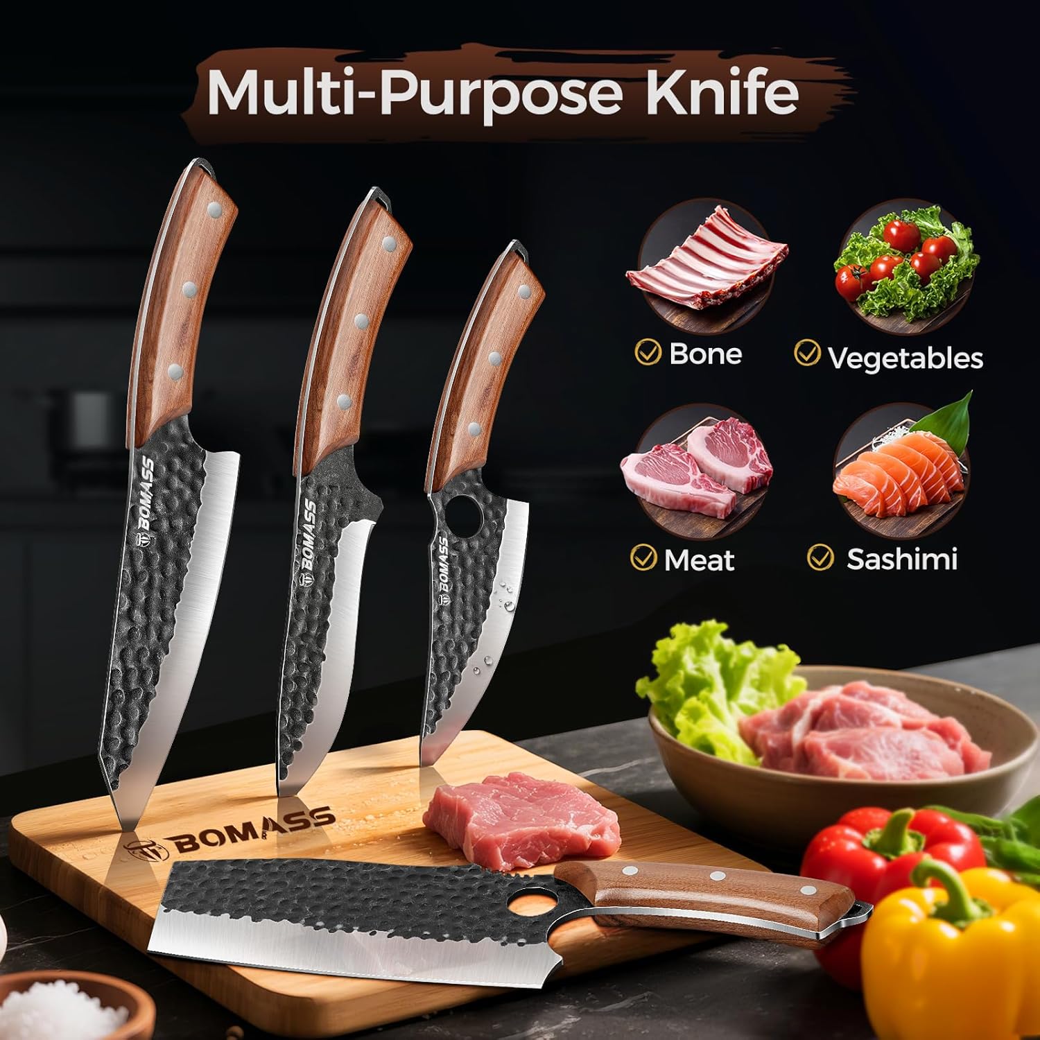 4 PCS Butcher Knife Set Hand Forged, High Carbon Steel Japanese Santoku, Serbian Chef Knife, Viking Knife, Boning Knife, Honing Rod for Kitchen, Outdoor Cooking, BBQ, Camping, Gift for Men