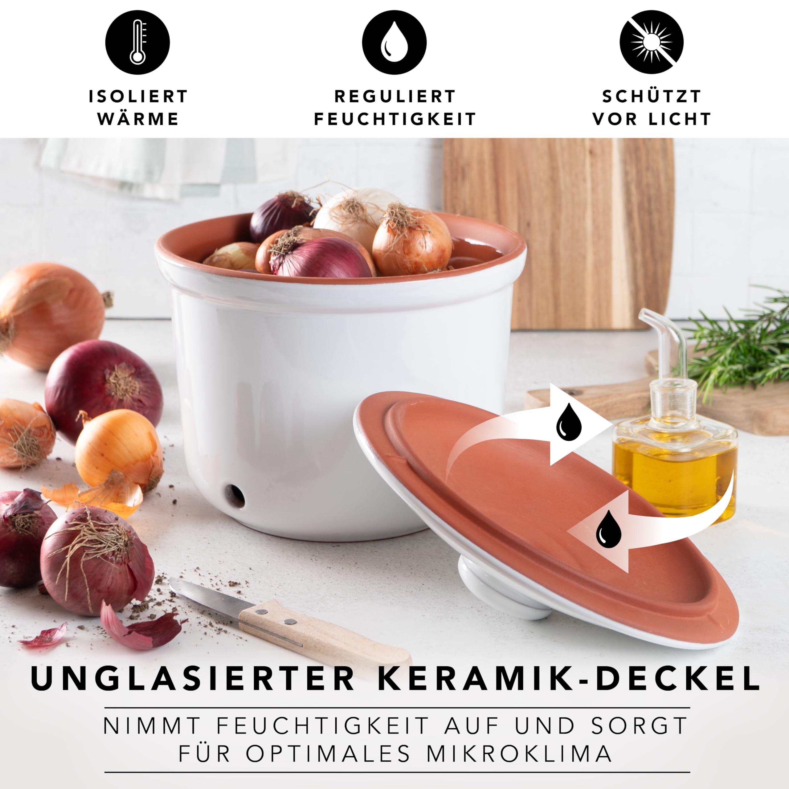 Römertopf Zwiebeltopf MAXI aus Naturton, weiß, Ø 20 cm, belüfteter Keramik-Vorratstopf mit 3 Lüftungslöchern, spülmaschinengeeignet, feuchtigkeitsregulierend, zur Aufbewahrung von Zwiebeln & Gemüse | 20,0cm weiß