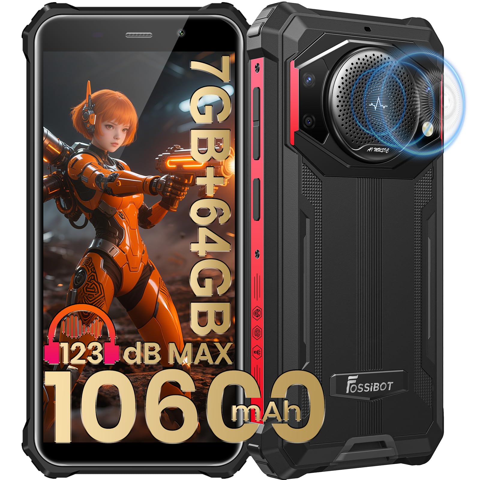 FOSSIBOT F101P Rugged Phone Unlocked 5.45"(2026), 10600mAh Unlocked Phone 123dB Loud Volume Phone, 7GB+64GB/1TB, 24MP Camera Waterproof Smartphone 4G Dual SIM/OTG/2Ghz Octa-core/IP68/IP69K | 123dB Loud Volume