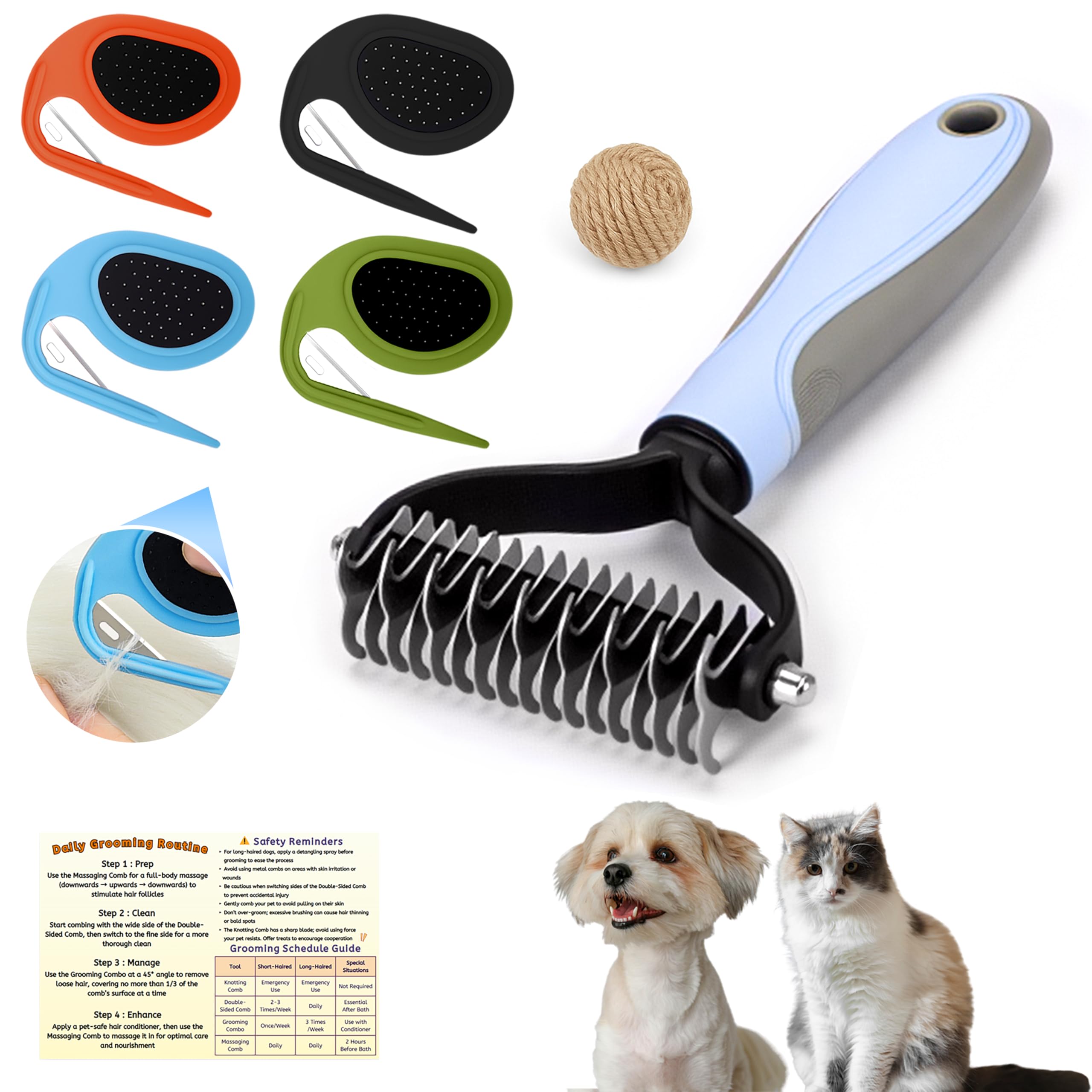 Cat &amp; Dog Grooming Kit - Matted Fur Remover for Cats, Includes 4 Knotting Combs &amp; 1 Pet Grooming Brush, Safe Cat Grooming Comb Set for Detangling