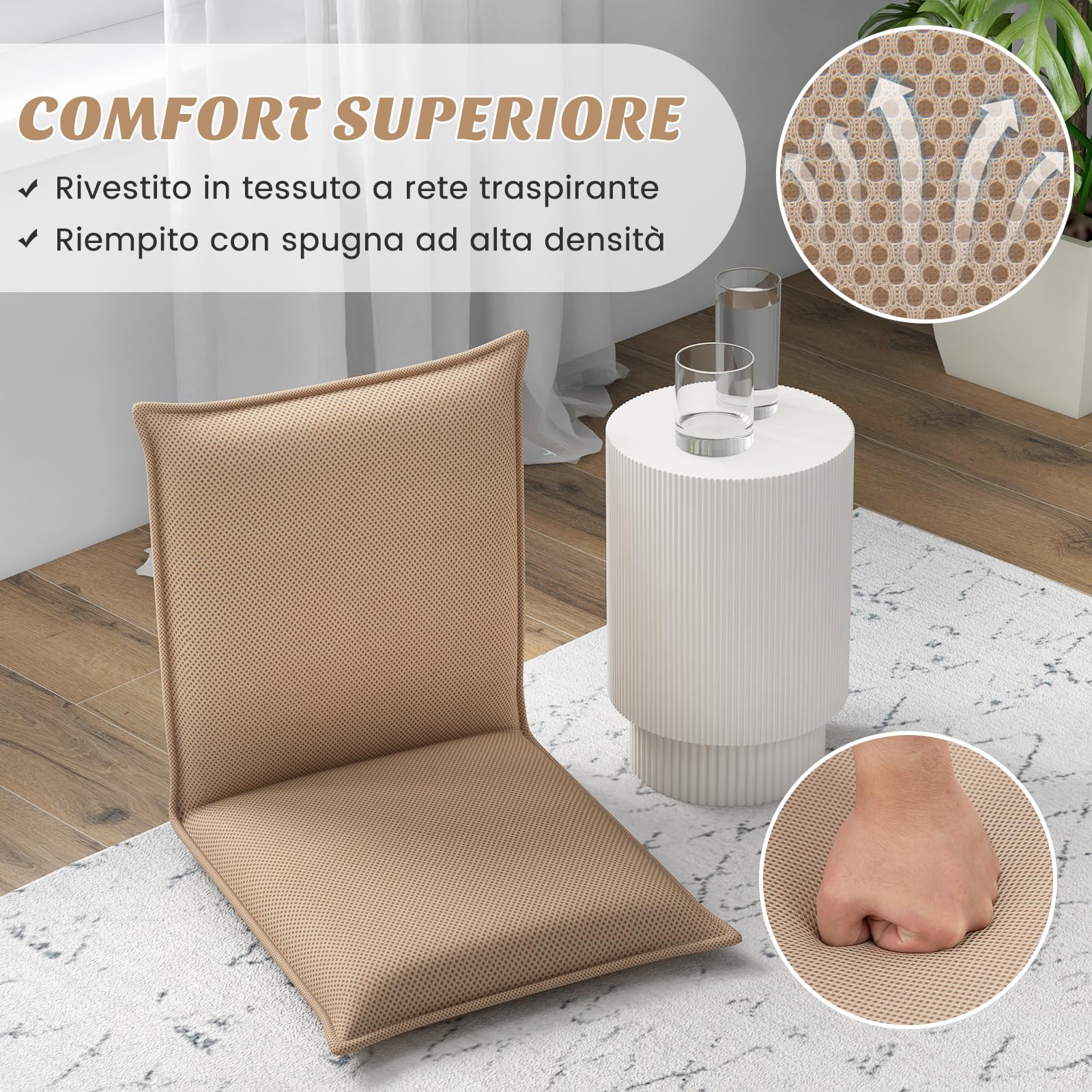 COSTWAY Sedia da Pavimento, con Schienale Regolabile a 6 Livelli, Cuscino da Terra Pighevole Imbottito in Spugna, Sedia Reclinabile per Salotto Camera da Letto Studio Relax Lettura (Beige)