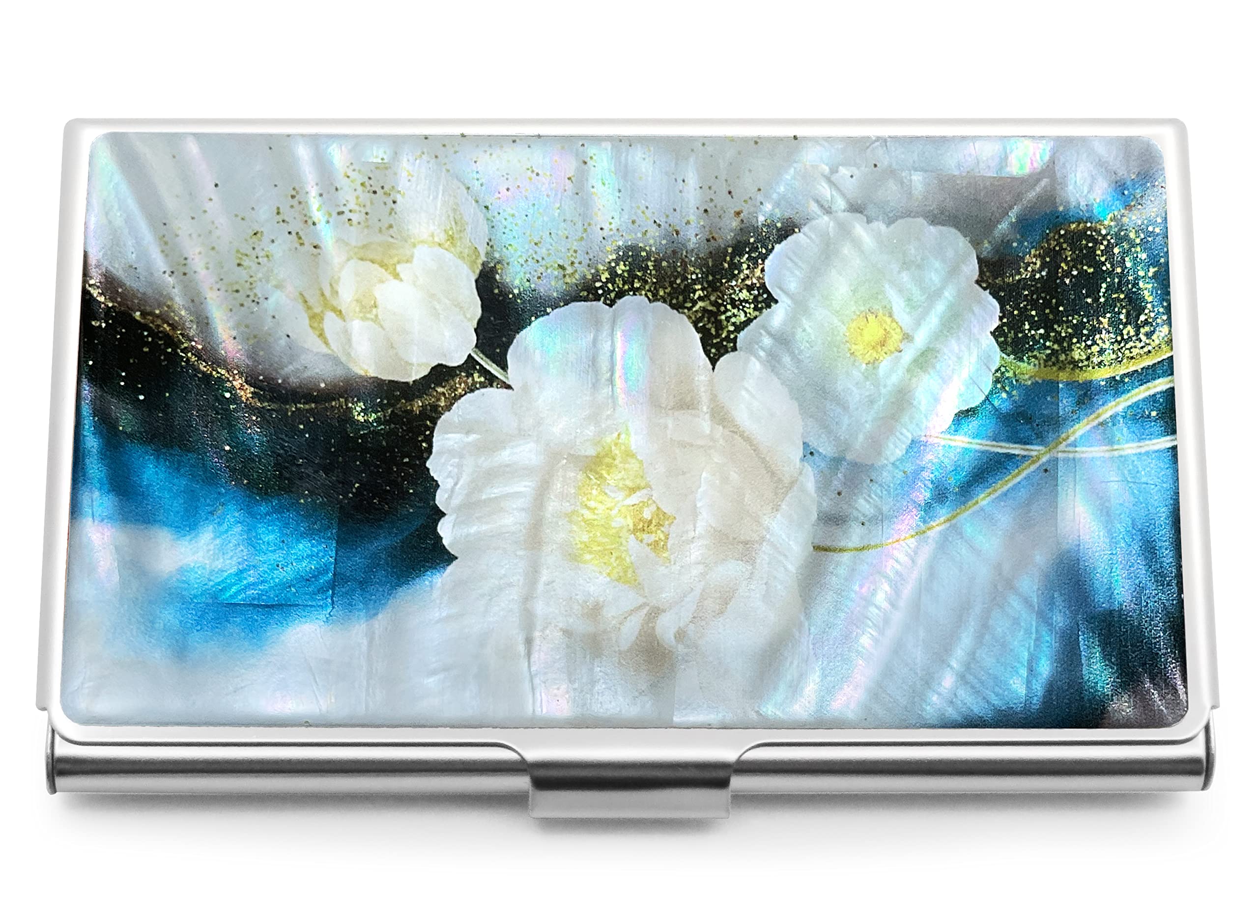 MADDesign Mother of Pearl Business Card Case Carrier Holder Wallet (Flower White)