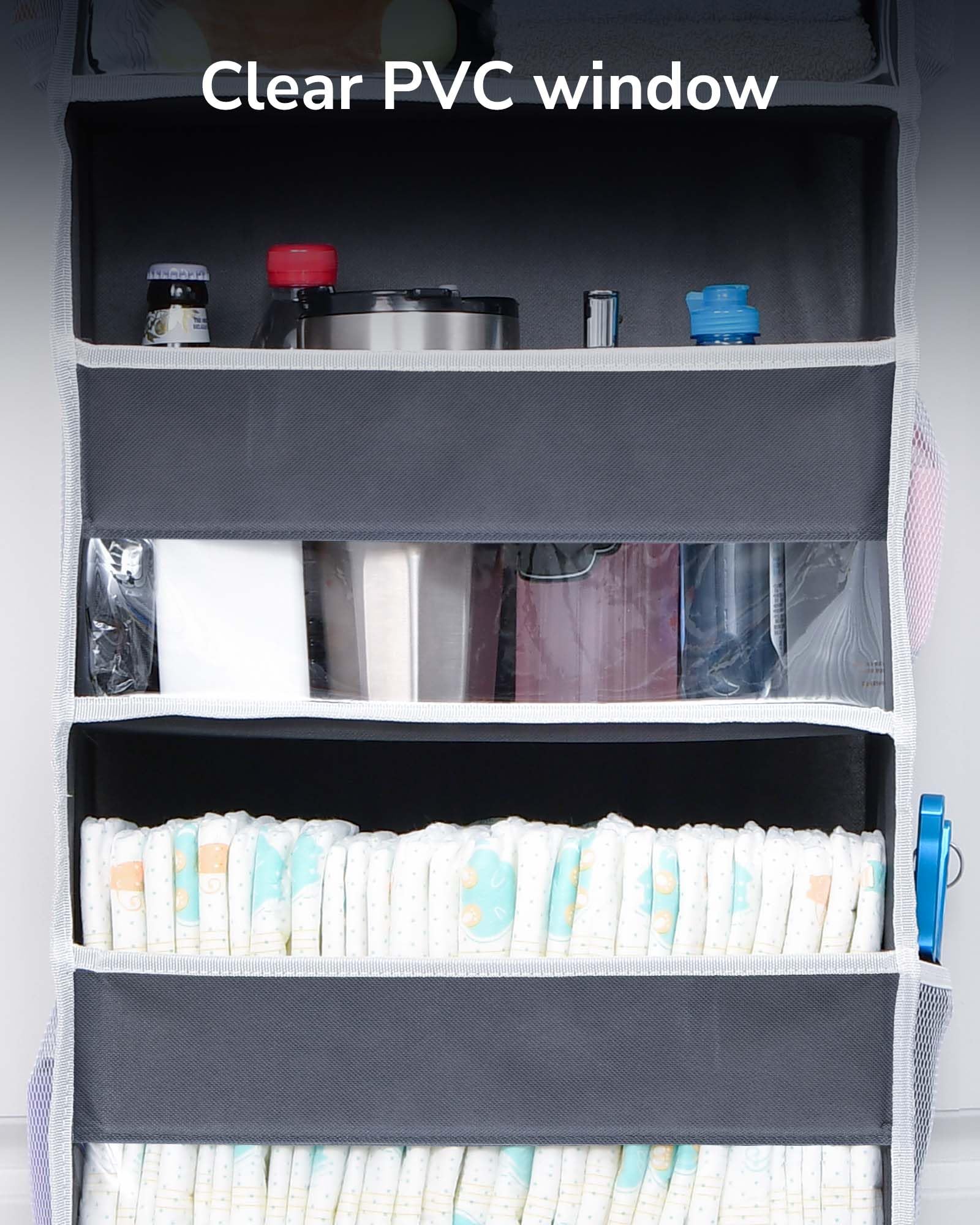 ULG 1 Pack Over Door Organizer with 5 Large Pockets 10 Mesh Side Pockets, 44 lbs Weight Capacity Hanging Storage Organizer with Clear Window Kids Toys, Shoes, Diapers, Dark Grey, 5 Layers