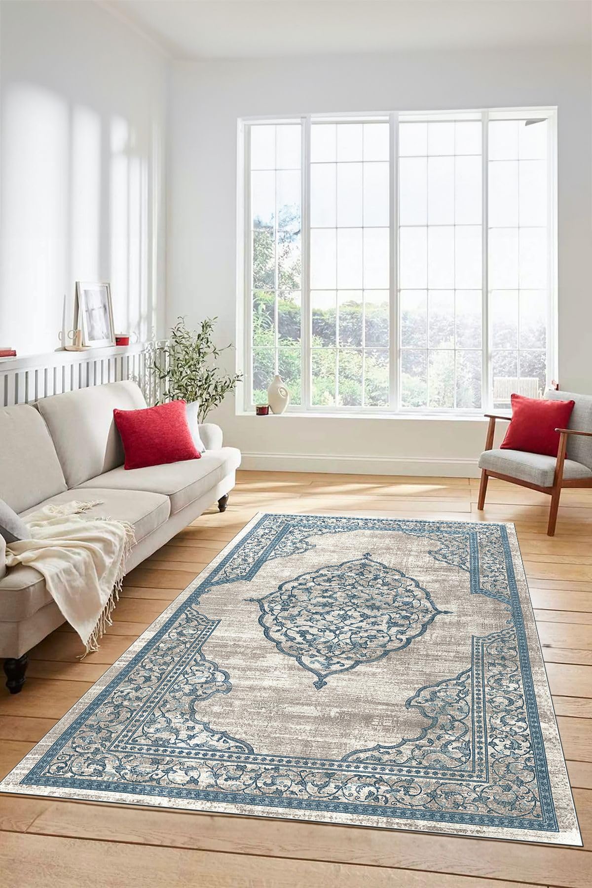 Evdeya Zarif Klasik Desen Dijital Kaymaz Taban Yıkanabilir Yolluk Mutfak Salon Halısı KLASİK-14, Mavi, 100 x 200