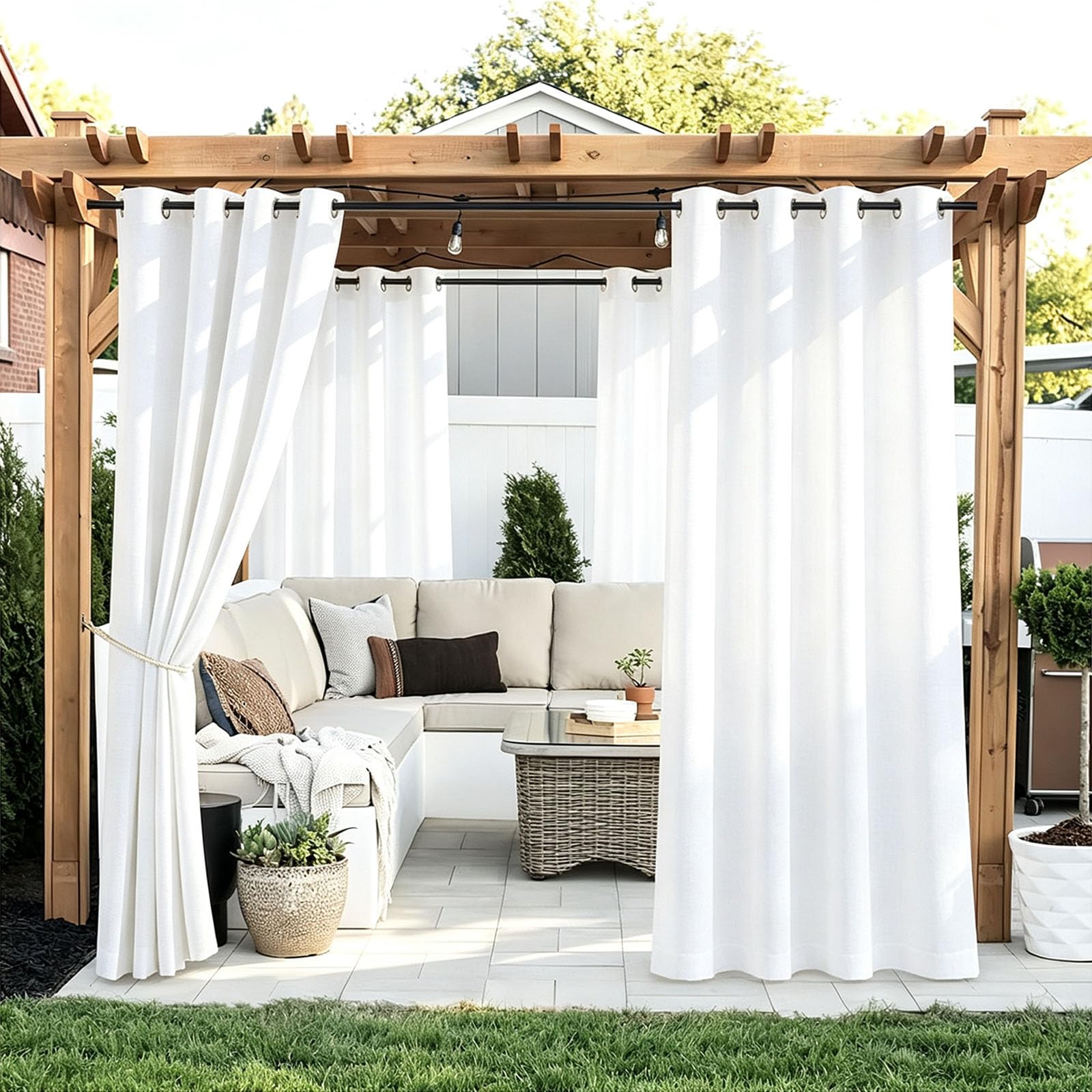 Rideau D'Extérieur 148 x 155 cm Rideaux Occultants Imperméables, UV Résistant Solaire et Protection de La Vie Privée Rideau Extérieur pour Patio pour Intérieur, Jardin, Blanc