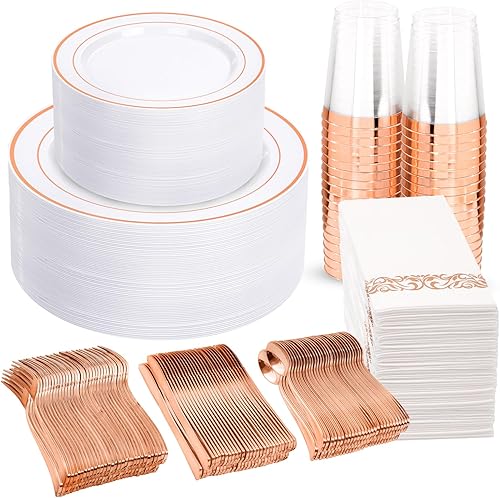 Miniatura 10 de WELLIFE 350 platos de plástico dorado transparente, 100 platos desechables, 150 cubiertos de plástico, 50 tazas, 50 servilletas para bodas y fiestas