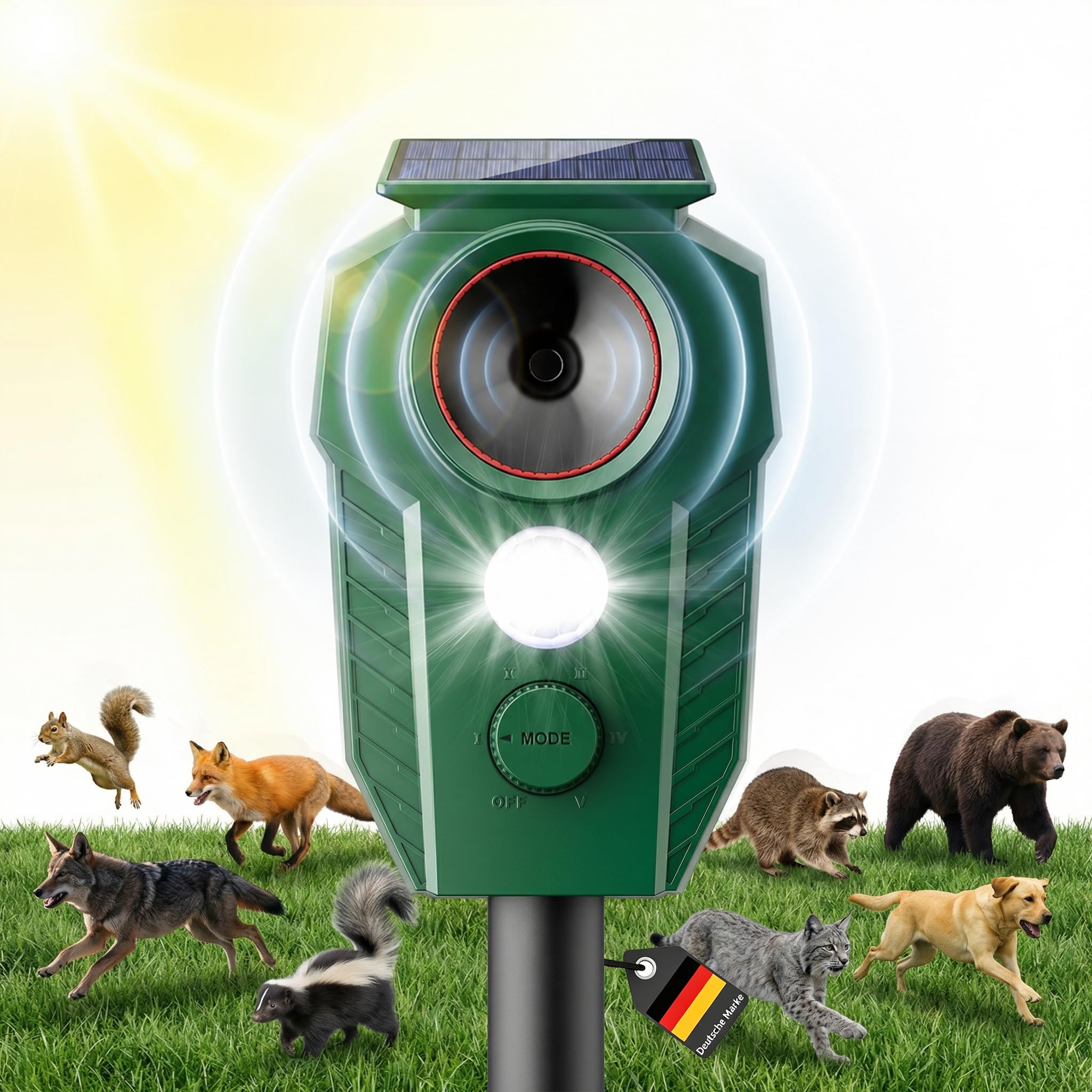 Katzenschreck Ultraschall für Garten, Solar Katzenabwehr mit Bewegungsmelder Sensor & Blitzlicht, IP65 Wasserdicht, Tierabwehr gegen Katzen, Marder, Schlangen, Wühlmäuse, Vögel für Garten, Hof