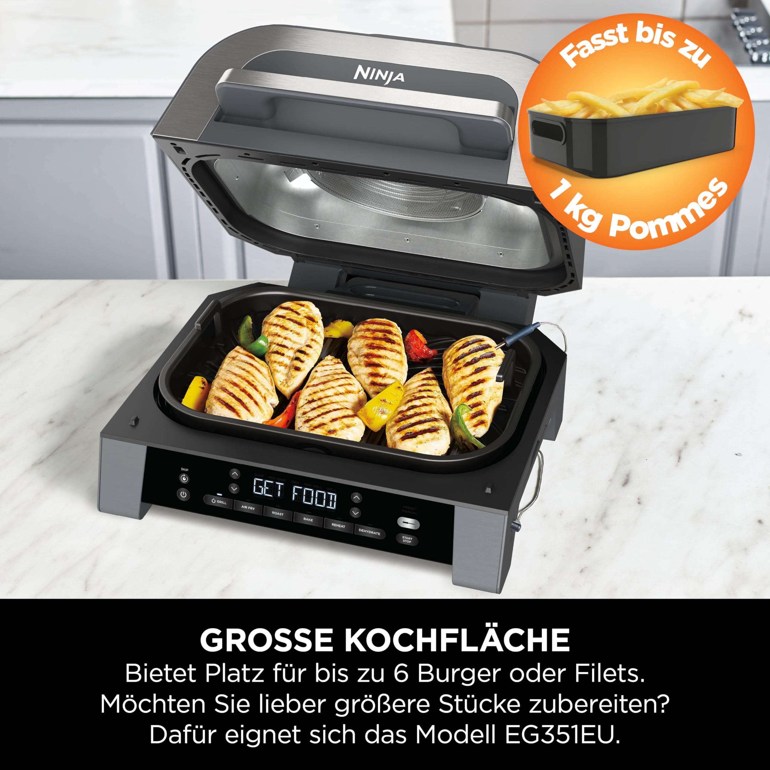 Ninja MAX 6-in-1-Grill & -Heißluftfritteuse für den Innenraum, 6 Kochfunktionen, für bis zu 6 Burger, 3,8-l-Fassungsvermögen, kaum Rauch, enthält digitales Bratthermometer, Grau/Silber, DG551EU