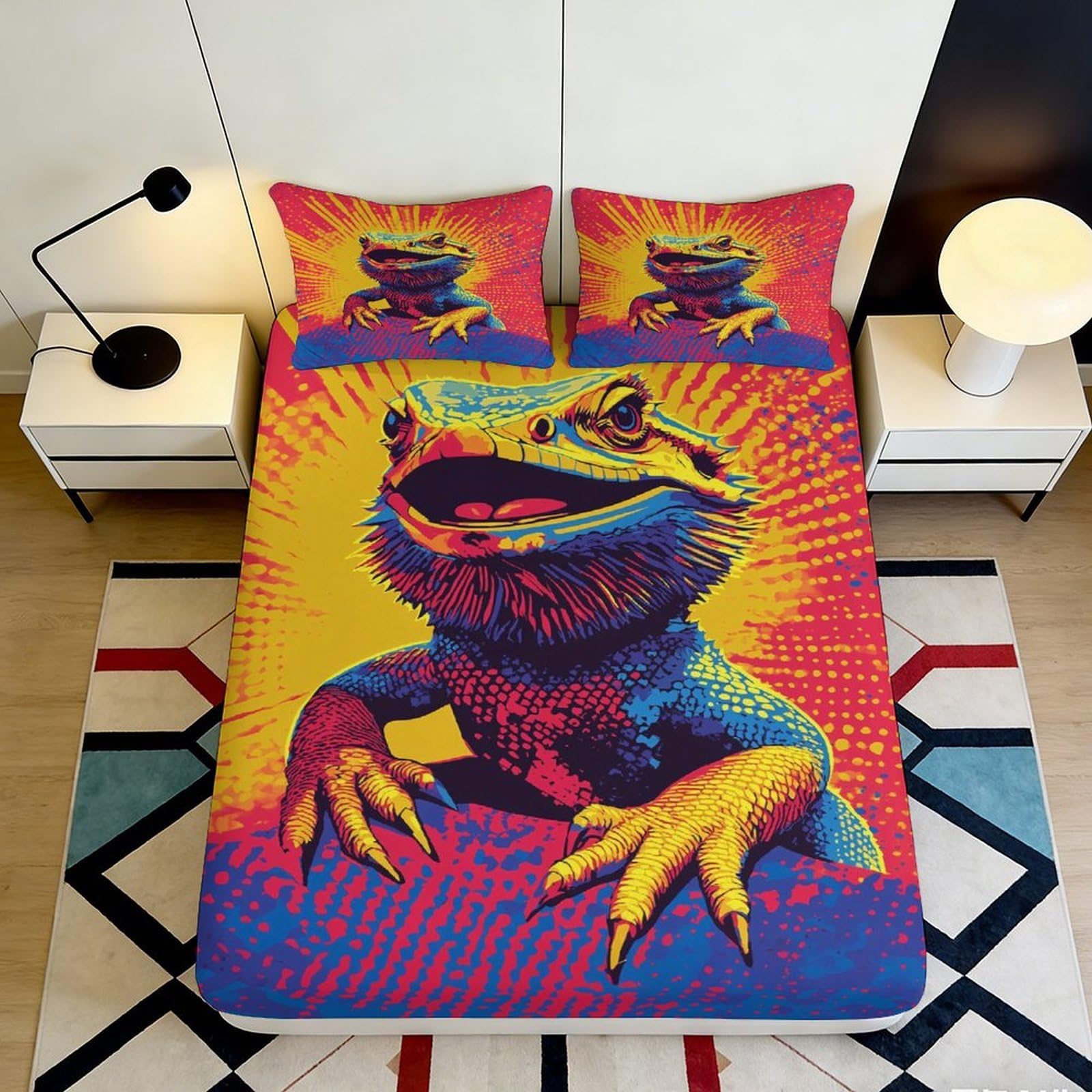 3D Printed Pop Art Lizard Fitted Sheet Microfiber Soft Colorful Reptile Bed Cover for Bedroom Guestroom Decor 90x200x25cm