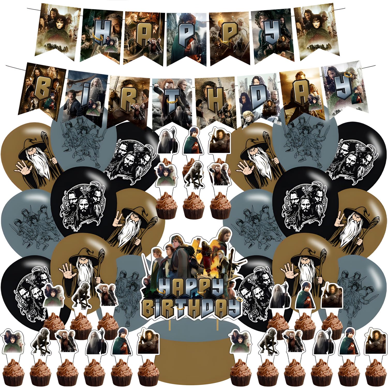 The Lord of the Rings birthday party supplies,Lord of the Rings including cake topper, cupcake toppers, Banner, Latex Balloons,It is very suitable for Boys girl birthday party supplies.