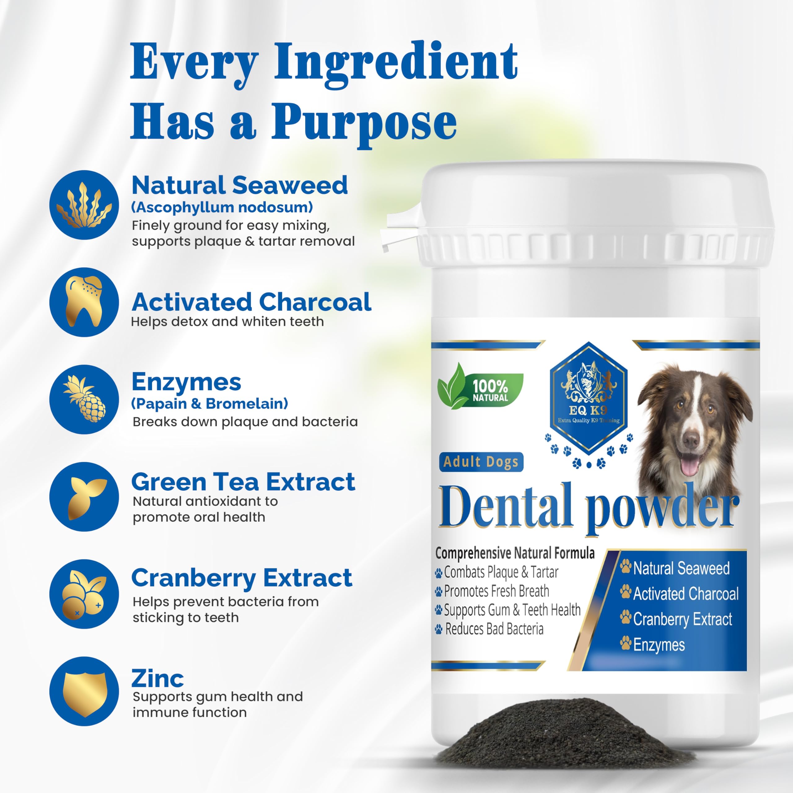 EQ K9 Plaque Off Powder for Dogs, Natural Plaque & Tartar Remover with Seaweed, Enzymes, Activated Charcoal & Zinc - Image 2