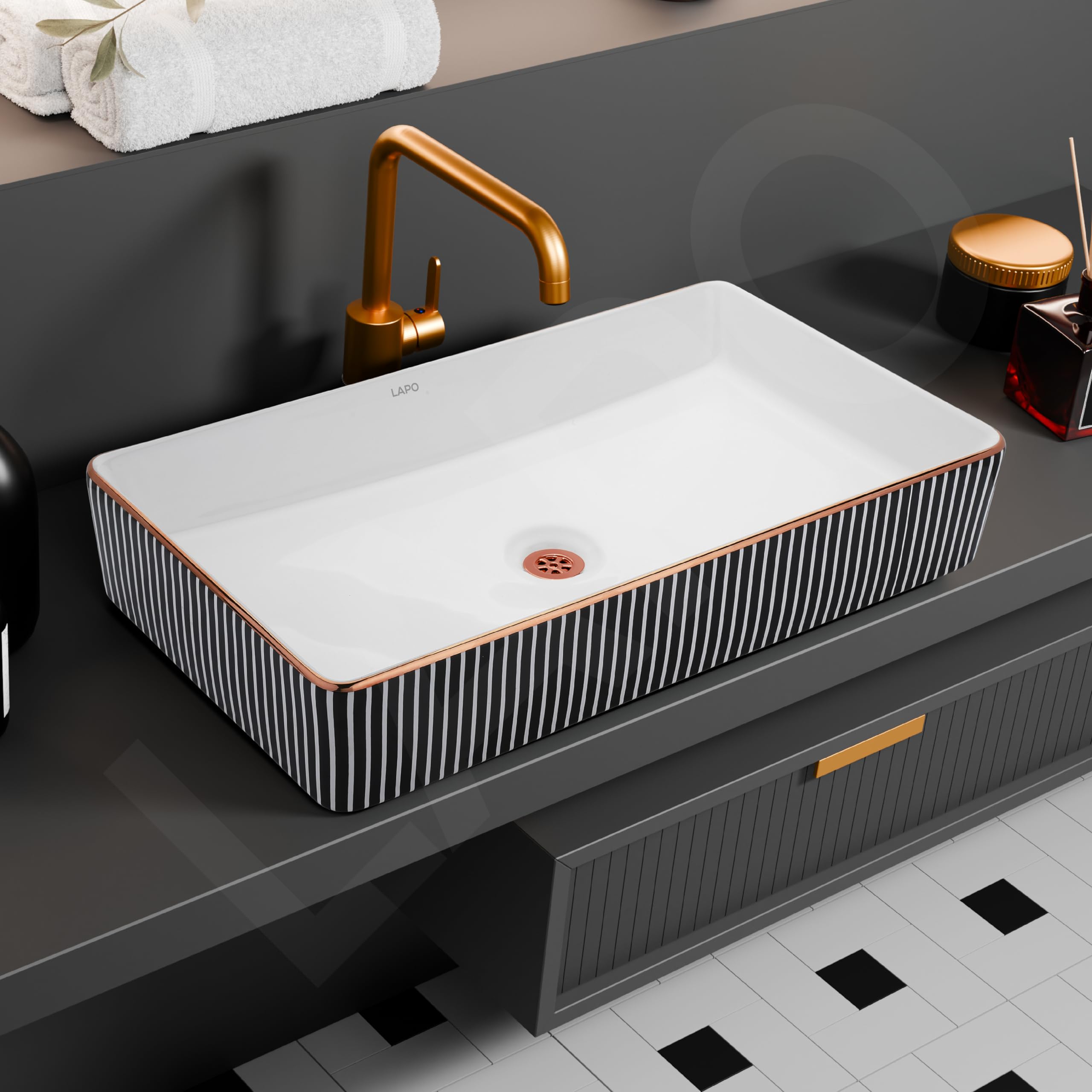 LAPO Basin for Bathroom, Ceramic Tabletop Wash basin, Table Top Wash Basin for Bathroom And Livingroom Décor, Countertop Vessel Sink (Black Finish, 61X33.5X11 Cm) A-280 (B0D5R85Y3T) Amazon Price History, Amazon Price Tracker