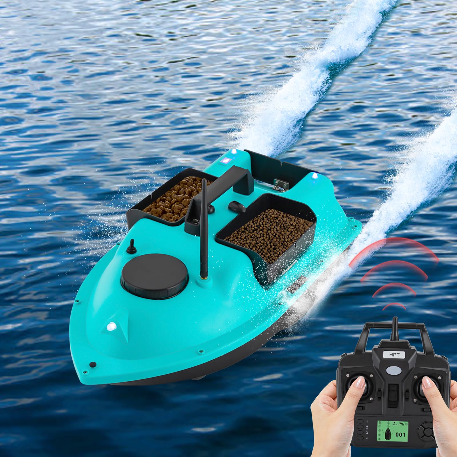 Barca per esche da pesca, 500 m, con 3 scatole per esche, 10000 giri/min, doppio motore 390, blu | Barca per esche con 2 batterie agli ioni di litio da 5200 mAh, schermo LCD, luci notturne, per fiumi, laghi e mari