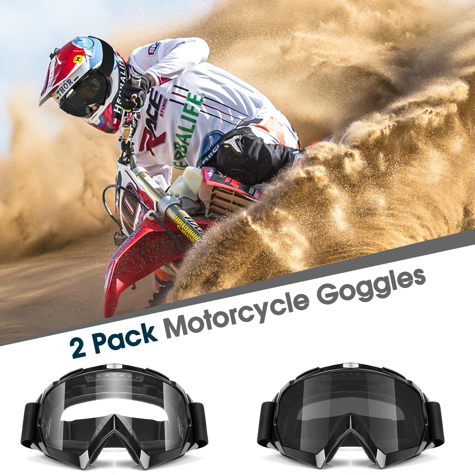 Lievermo Occhiali da moto ATV Dirt Bike, confezione da 2, per motocross, motocross, casco UTV, occhiali antipolvere