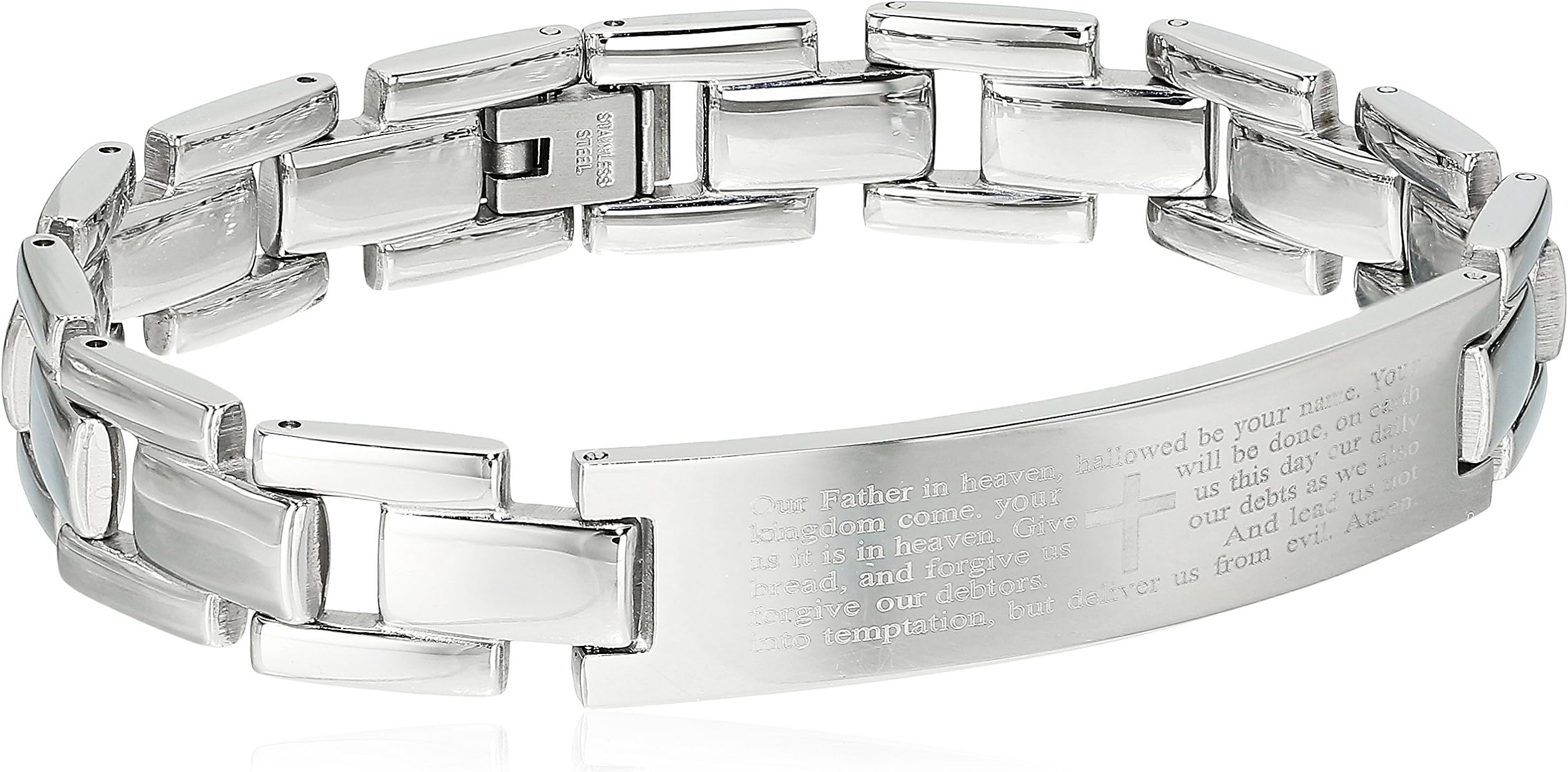 Mens Stainless Steel Lord's Prayer ID Link Identification Bracelet, 8.5-Inch (12.5 mm), White