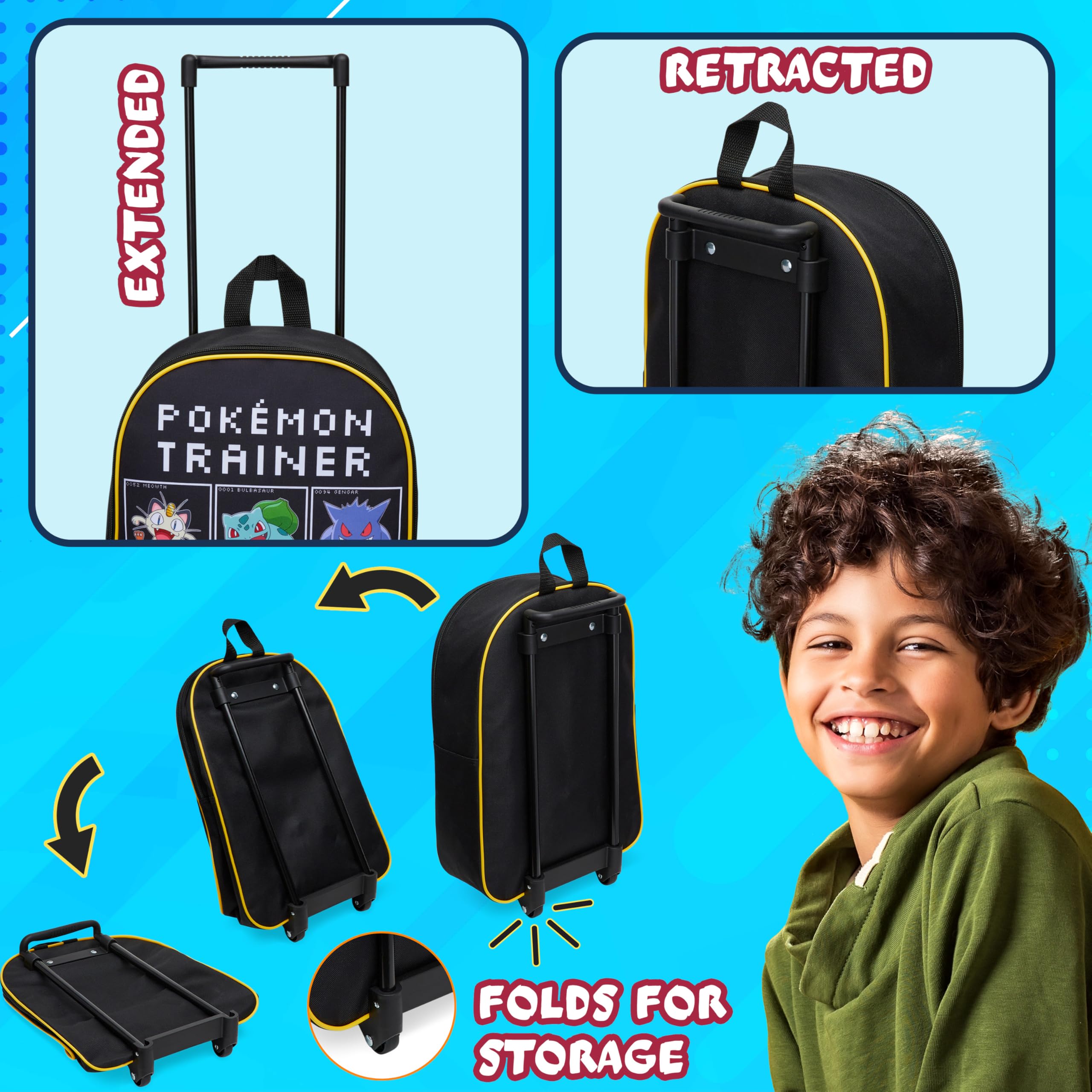 Pokémon Bagages Enfant, Petite Valise Enfant 39x27cm, 10.5L, 2 roulettes, Noir, Fermeture Zippée (Noir/Multi)