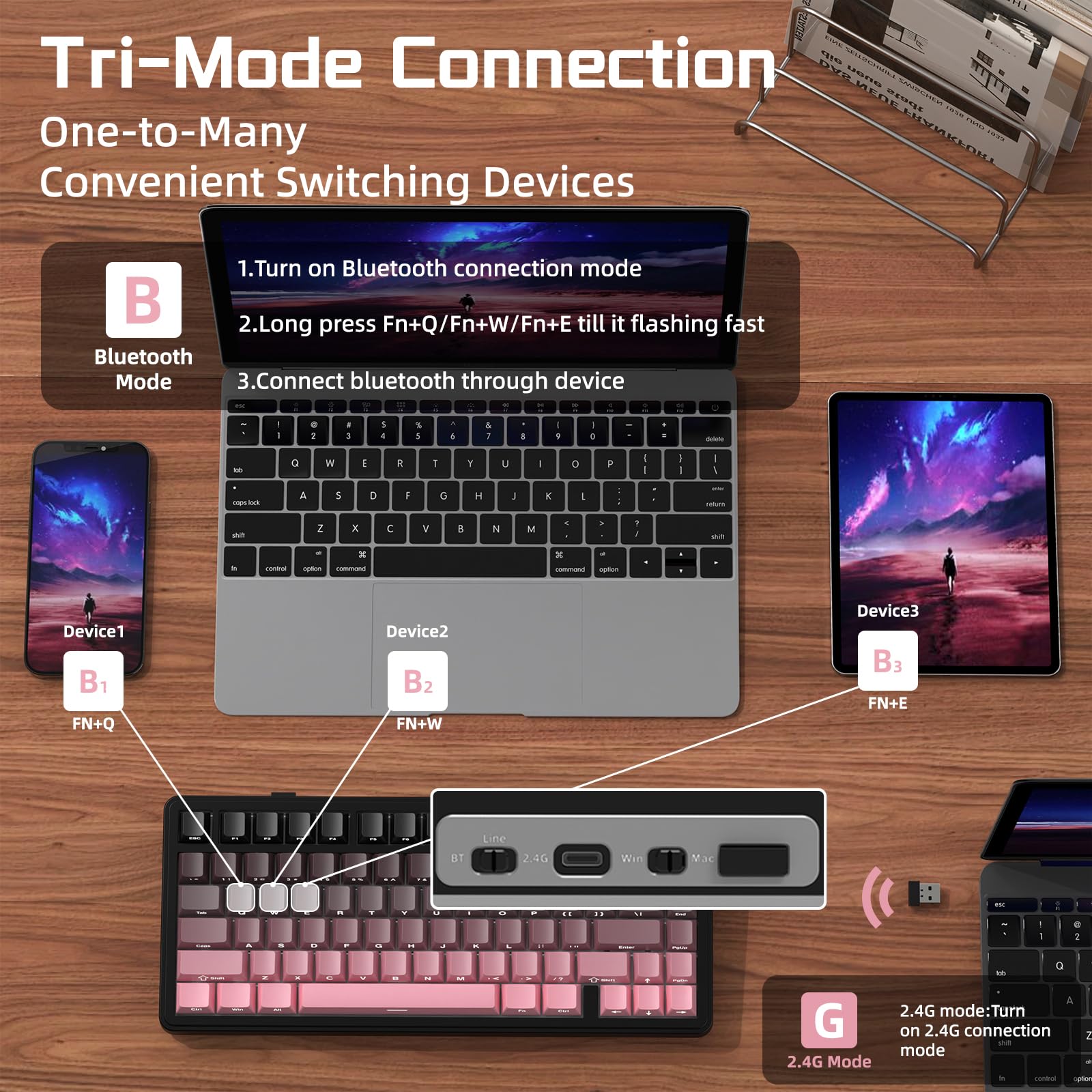 ATTACK SHARK X85 Teclado mecánico de Junta con Perilla, 75% (BT5.0/2.4G/USB-C) Teclado inalámbrico para Juegos y Acolchado de Cinco Capas, RGB, 5000 mAh, Teclas PBT con impresión Lateral (Rosa)