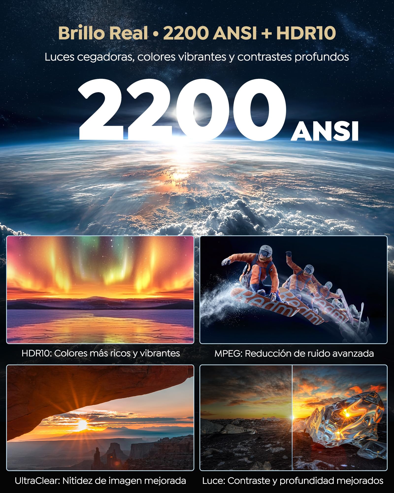 Proyector 4K | 2200 ANSI Brillo | Google TV 14.0 Integrado | Audio Dolby 40W| Proyector FHD 1080P Nativo, Enfoque Automático e IA Calibración, 2+32GB, HDMI 2.1, MEMC HDR10 para Cine en Casa y Exterior