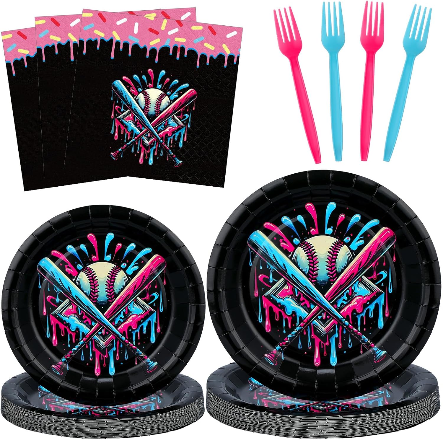 Yungyan 24 Sets Ice Cream Drip Baseball Party Supplies Disposable Ice-cream Drip Baseball Paper Plates and Napkins Forks Summer Sports Party Baby Shower Decoration Tableware Dinnerware for Women Men