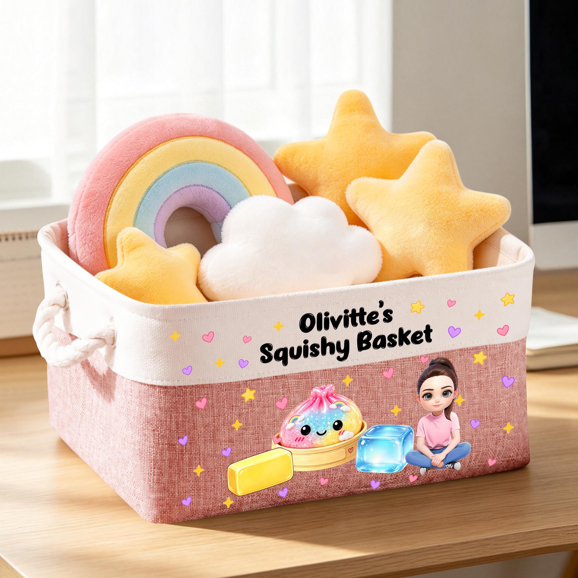 Personalized Dumpling Squishy Storage Basket, Custom Name Dumpling Squishy Basket Storage Organizer with Handles Room Decor Birthday Gifts (style 29)