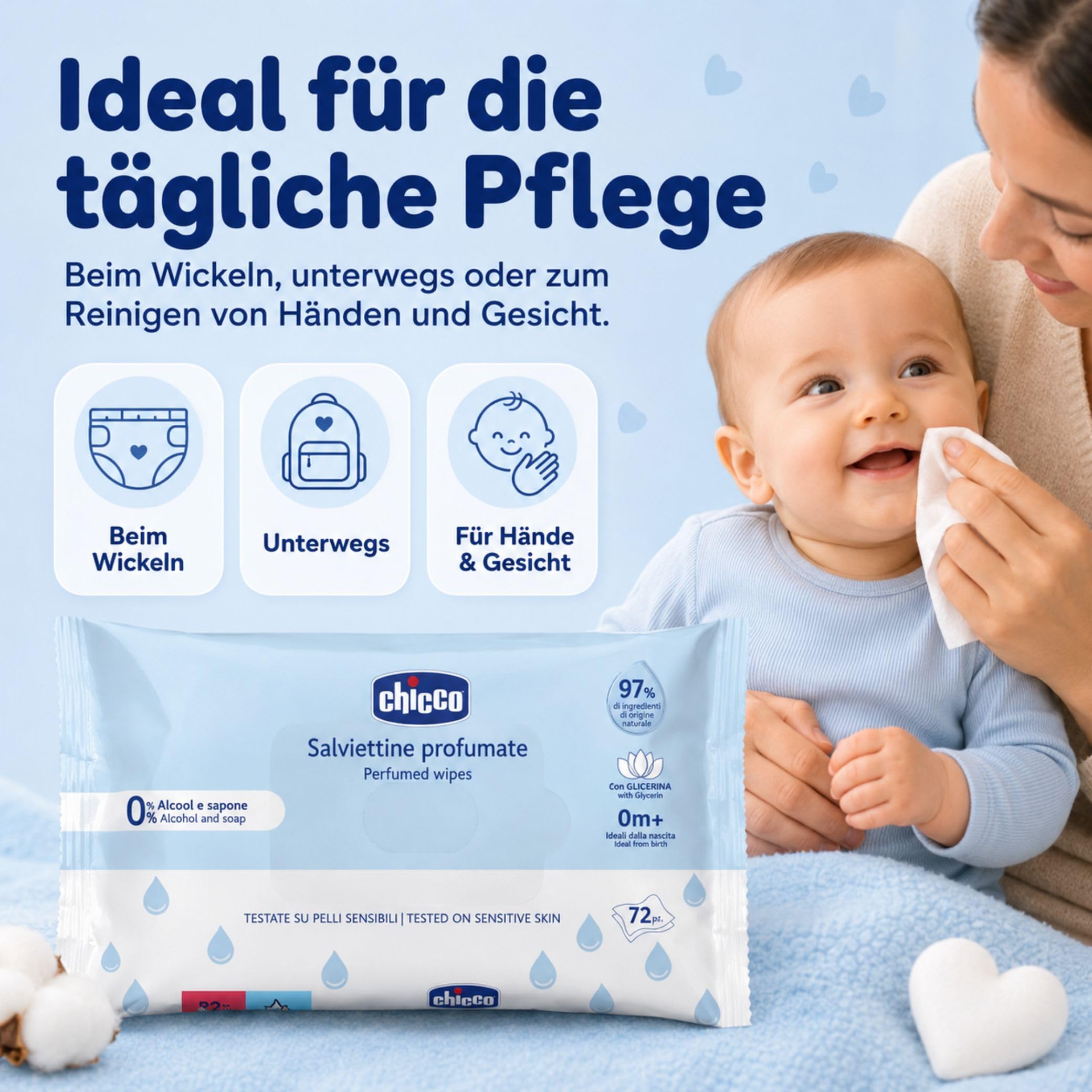 Chicco Feuchttücher Multipack, Set Windel Blaubär | Kinderhaus Blaubär: ohne Alkohol & Seife, mit Lotuswasser, für empfindliche Haut, 72 Tücher