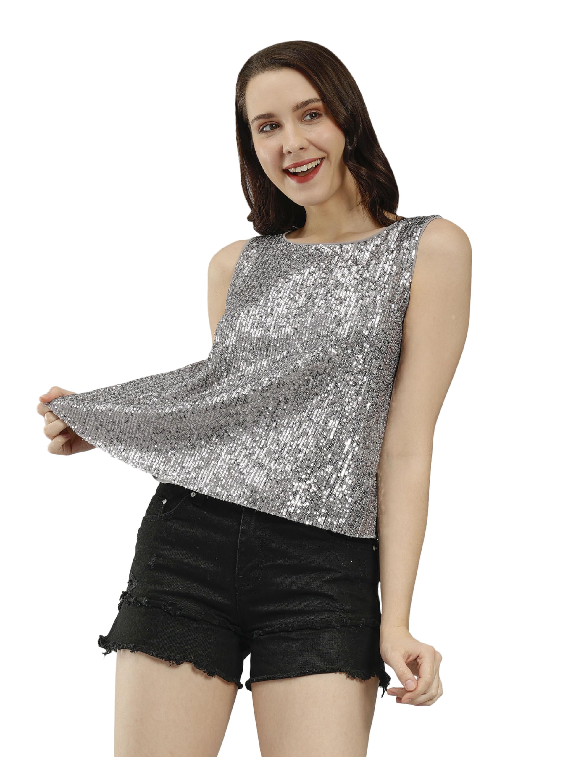 SAFFE Women's Casual Dazzling Round Neck Embellished Sleeveless Sequin Party Top(Grey)-image-14