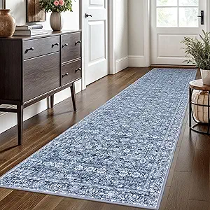 2.6x10 Blue Washable Runner Rug for Kitchen, Soft Classic Runner with Non-Slip, Non-Shedding Distressed Floral Rug for Hallways Entryway Bedroom Bathroom Laundry Indoor