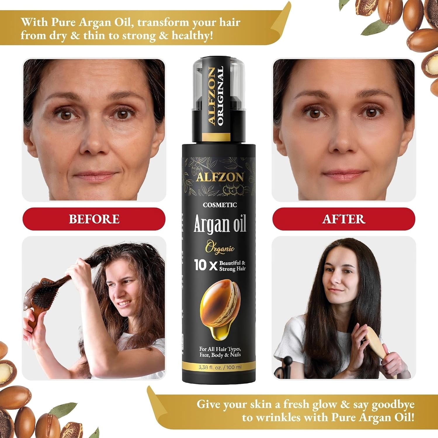 ๐๐๐๐ฉ๐๐ Moroccan Argan Oil 100% Pure USDA Organic Cold Pressed Lightweight Formula for Dry, Damaged & Curly Hair Boosts Shine, Controls Frizz, Hydrates Skin, Face, Body & Beard - 100 ml (3.38 oz) - Image 6