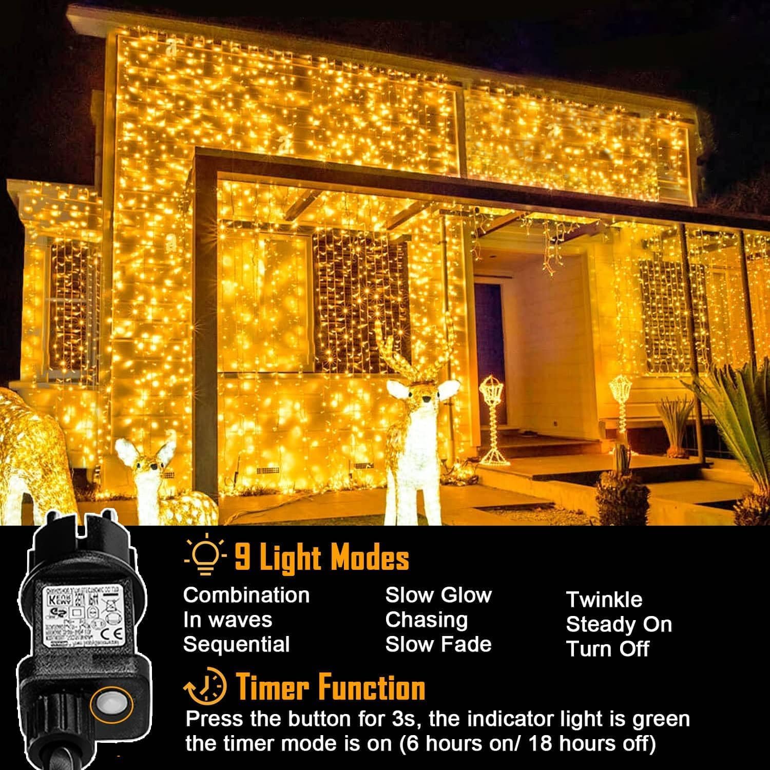 Joycome Tenda Luminosa 2 Pezzi 600 LED Luci Natale Esterno Cascata, 6x3m Tenda Luci Impermeabilità IP65 con 8 Modalità, Addobbi Natalizi per Matrimoni, Feste, Giardino, Interni, Murali - Bianco Caldo