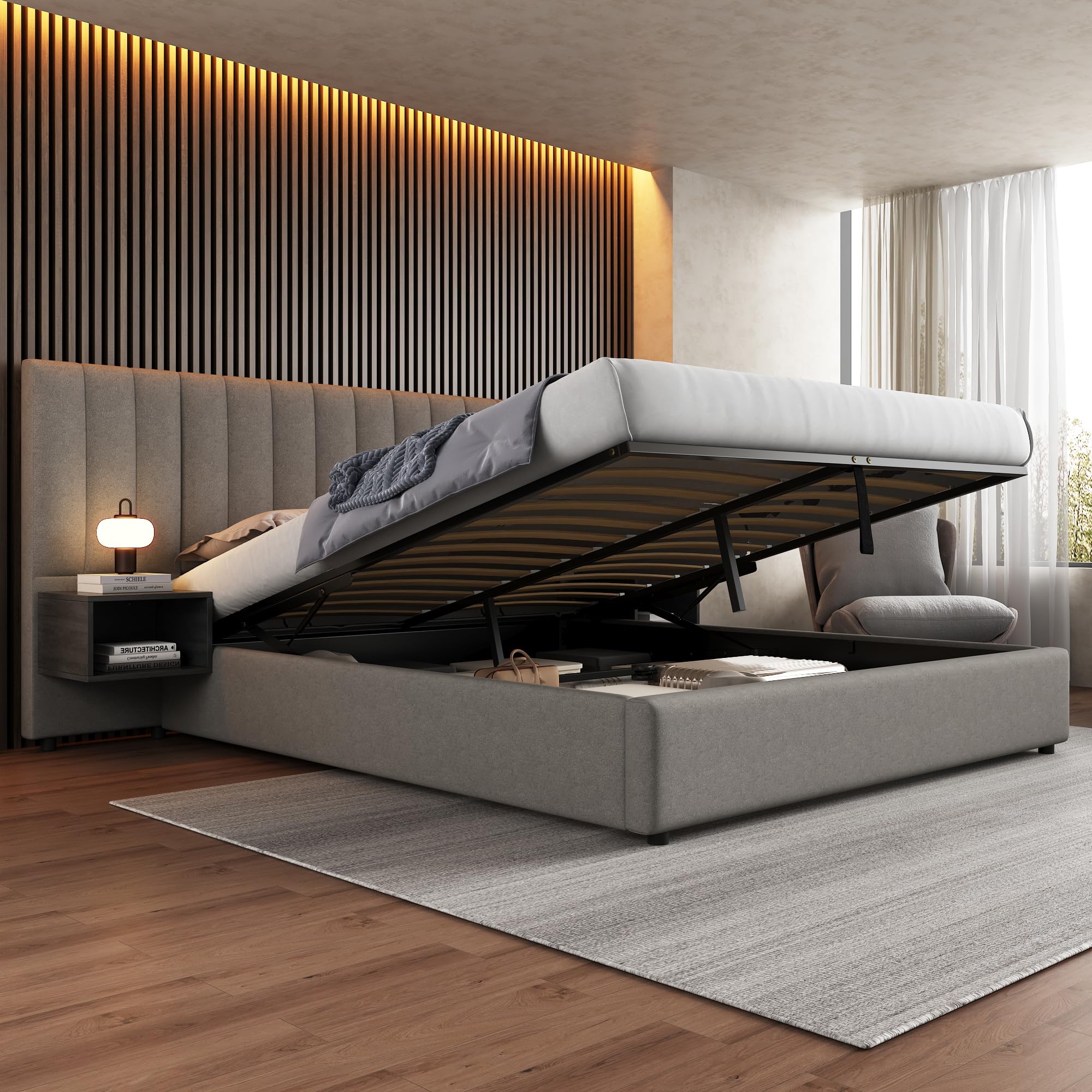 Cama Tapizada 180 x 200 cm con Almacenaje Hidráulico y Dos Mesillas con Cajones, Somier de Láminas de Madera, Cama para Dormitorio de Adultos y Jóvenes, Fácil Montaje, Tela Lino, Gris y Negro