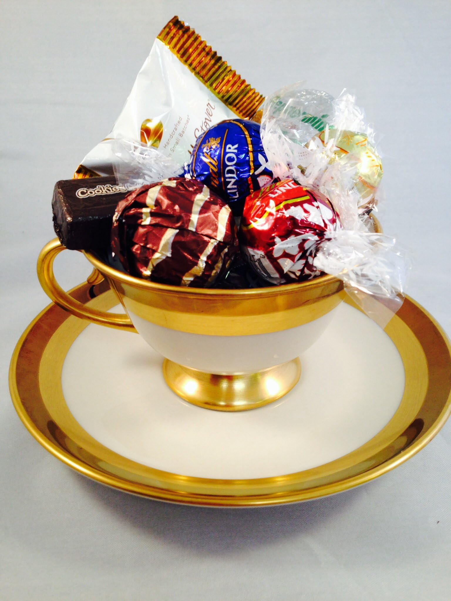 GOLD TRIM CHINA CUP & SAUCER FILLED WITH CHOCOLATE CANDY GIFT SET: Flintridge China Made In California USA. Cup 3" Tall, Saucer 5.75" in Diameter. Great Gift Set For Mother's Day, Birthday, Anniversary, Holiday, Get Well, Wedding Etc.