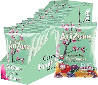 AriZona Green Tea Fruit Snacks, Gluten Free Mixed Fruit Gummy Chews 5 Ounce Individual Single Serve Bags, Green Tea,(Pack of 12)