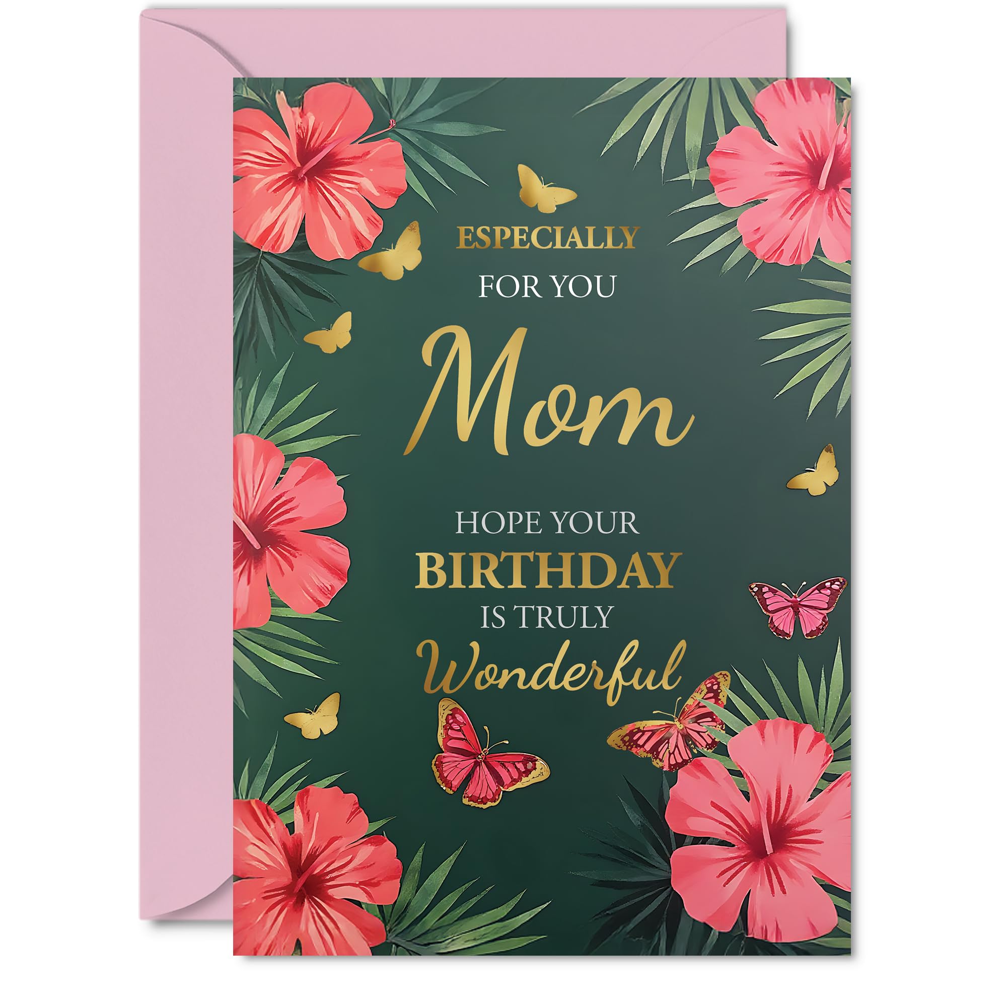 Gold Mom Birthday Card, Butterflies & Flowers