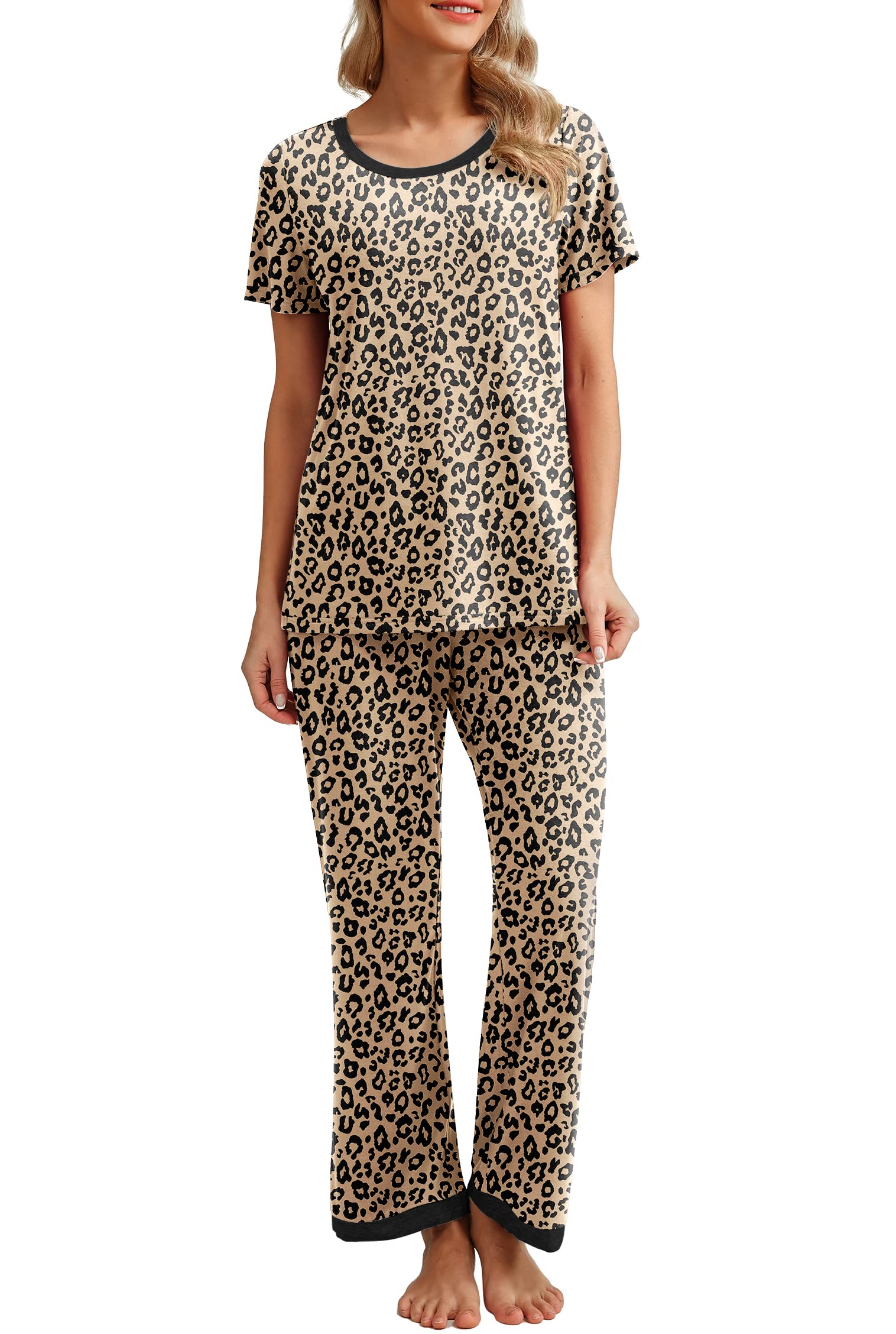 PrinStory Schlafanzug Damen Rundhals Pyjama Set Kurzarm Schlafanzugoberteile Und Lange Nachtwäsche Hosen Mit Taschen Lounge-Set