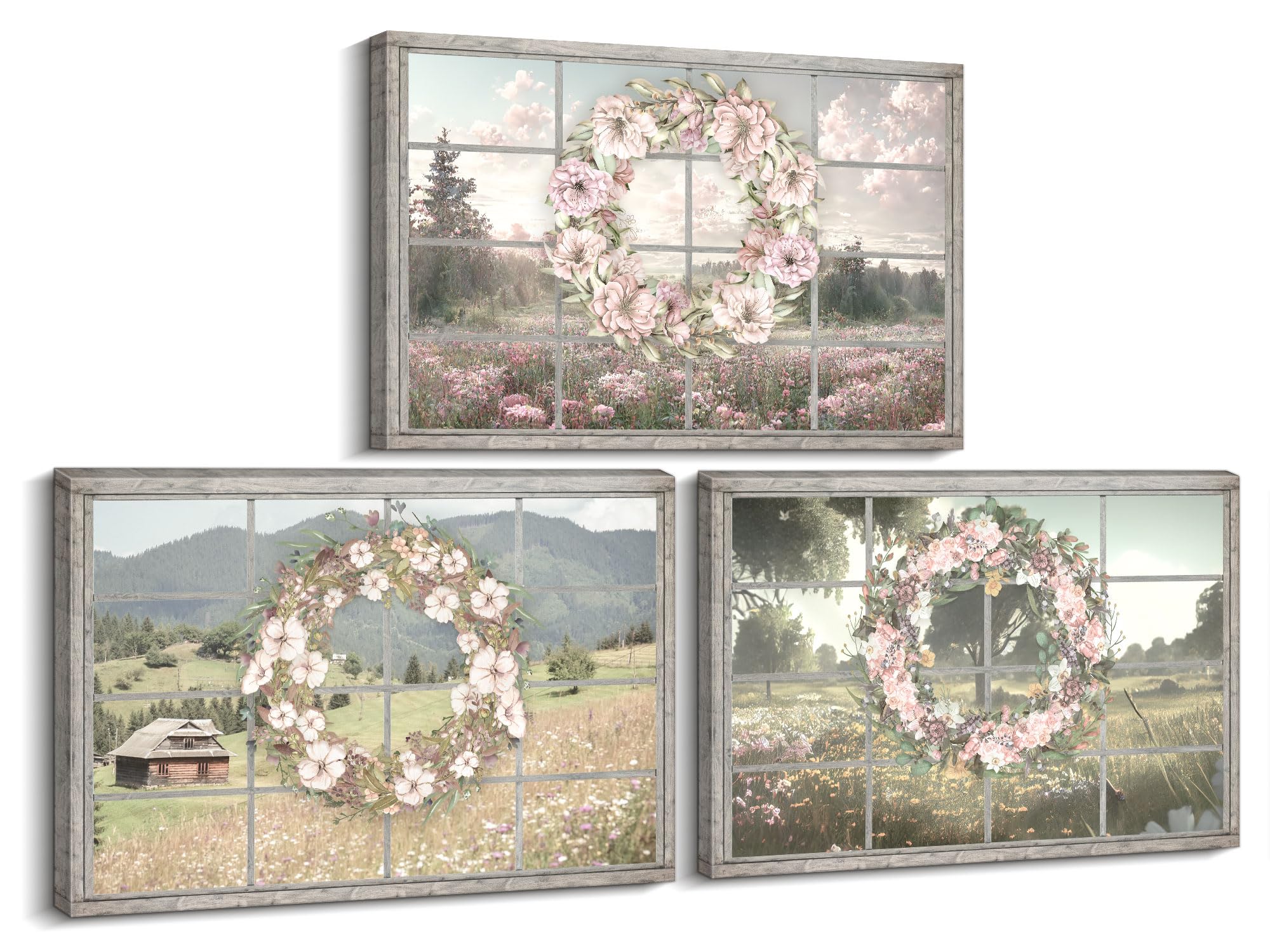 Country Decor Farmhouse Wall Art Rustic Wall Decor with Flower Wreath Decor Country Wall Decor Landscape Wall Art Floral Wall Art Country Posters Rural Wall Art for Room Decor (28''Hx40''Wx3PCS)