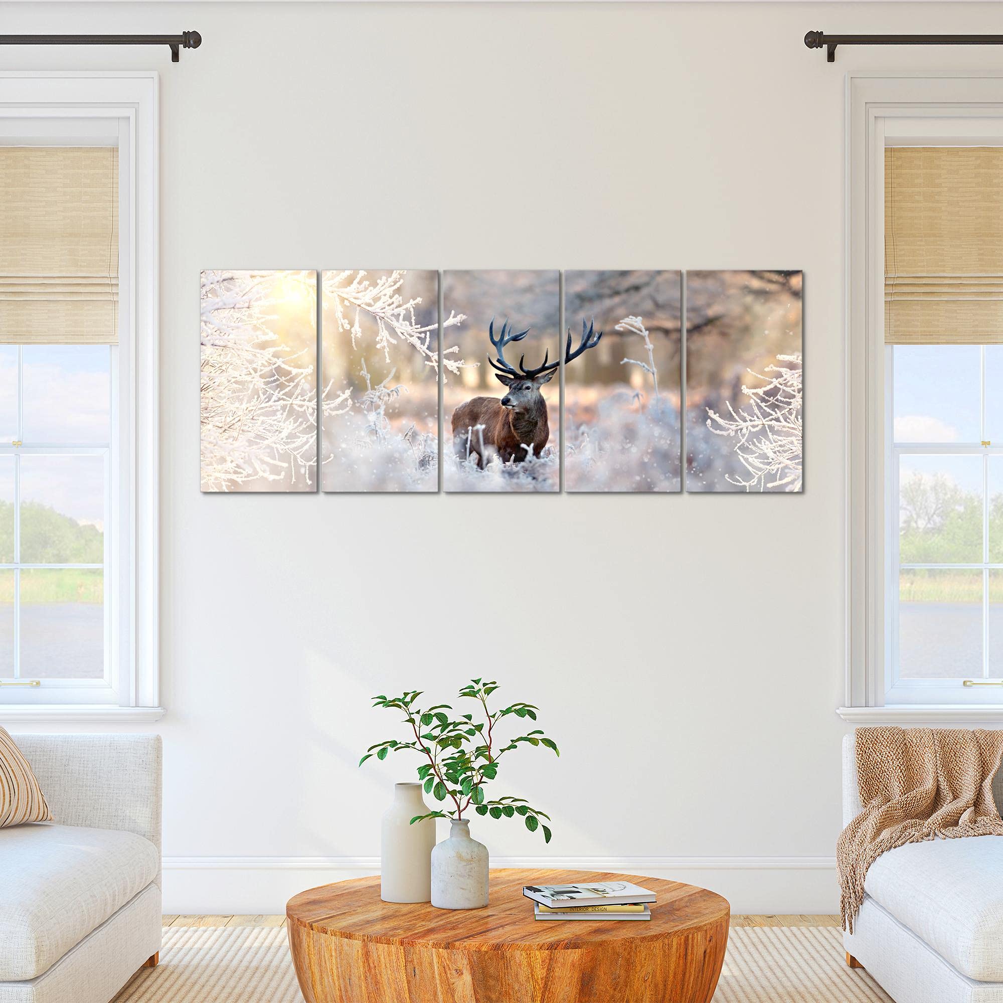 Runa Art Tableau mural XXL Hiver Cerf 200 x 80 cm Beige 5 Parties - 004155a