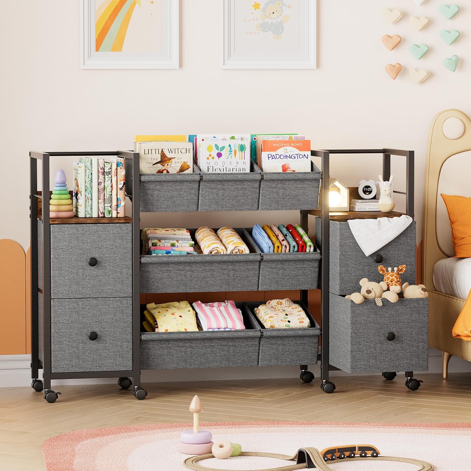 Kids Toy Organizers and Storage Bins - 7 Storage Bins + 4 Fabric Drawers + 2 Bookshelf, Playroom Storage, Mobile Cart Organizer for Toy, Clothes, Blankets and Books (Black)