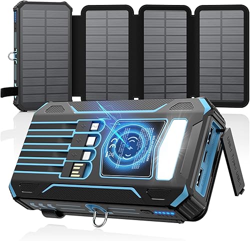 SOARAISE Cargador solar - Cargador portátil inalámbrico de 48000 mAh, 4 cables y 4 paneles solares, PD QC 3.0 de carga rápida USB C con linterna