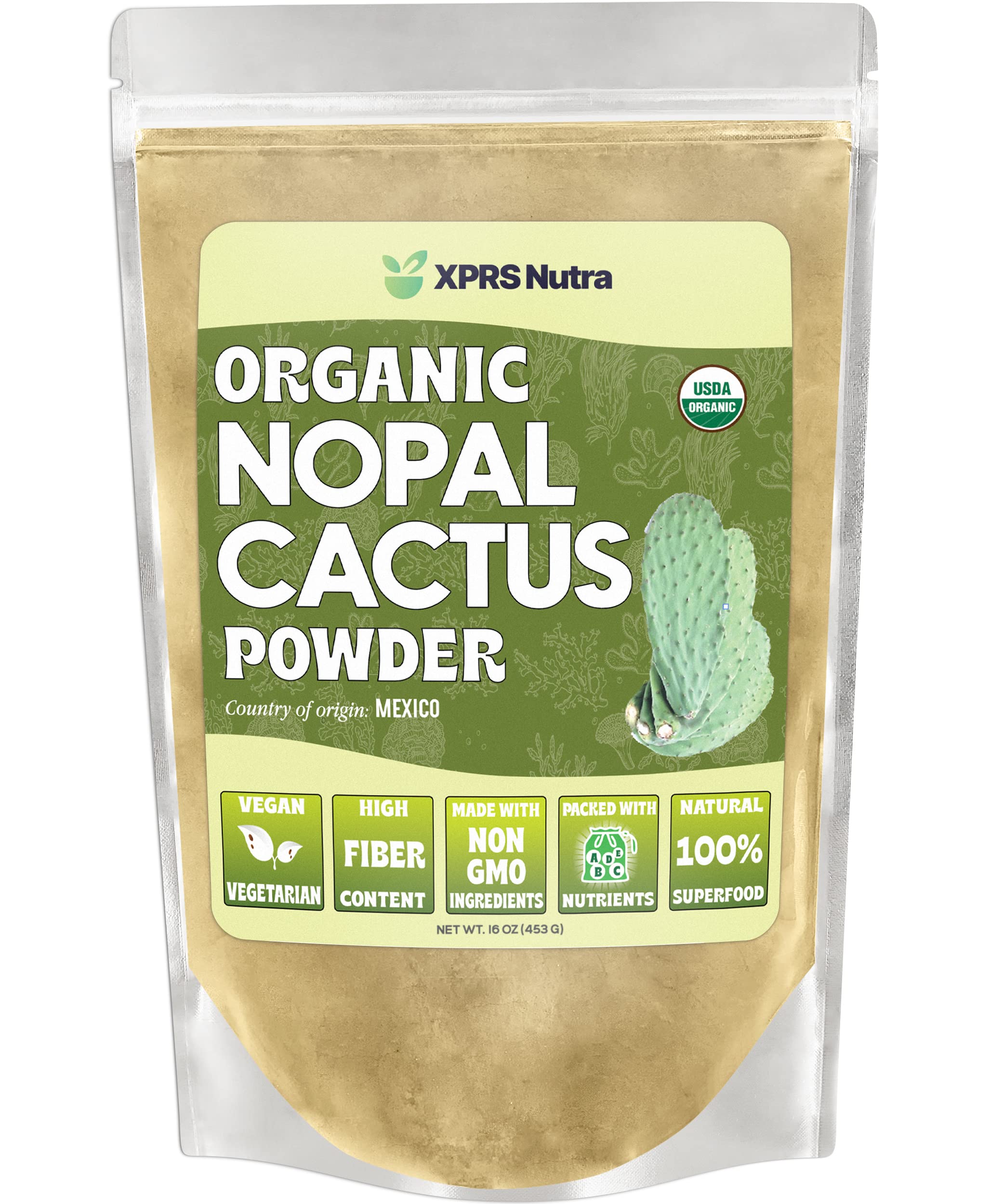 XPRS Nutra Organic Nopal Cactus Powder - Prickly Pear Supplement Nopal Powder from Mexico - High in Dietary Fiber, Calcium and Vitamin C - Nopal Powder Superfood for Digestion (16 oz)