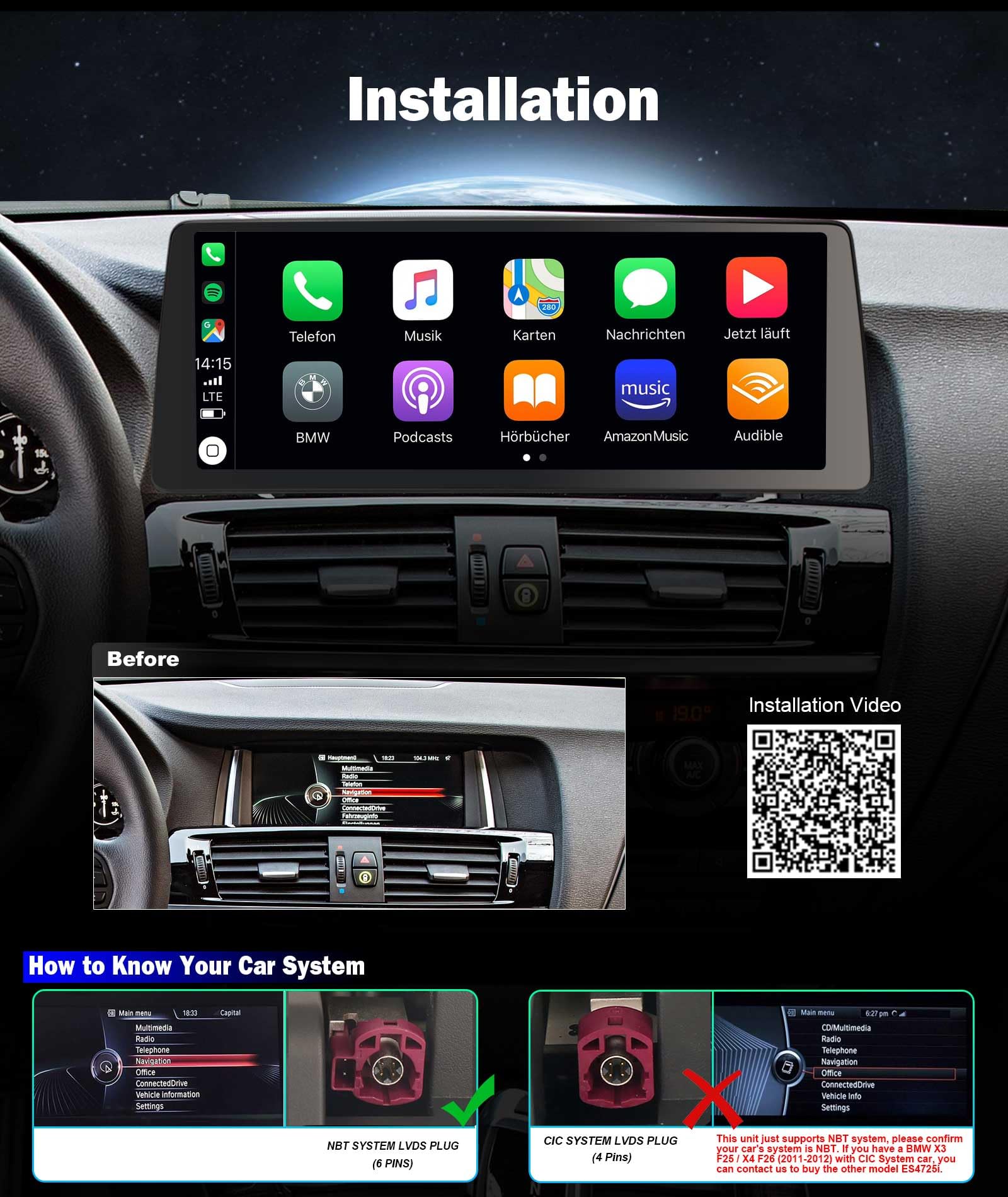 12,3" Pantalla 8-Core 8GB+128GB Android 14 Radio Coche Bluetooth GPS Navegador para BMW X3 F25 X4 F26 (2013-2017) NBT Soporta IPS Pantalla táctil iDrive CarPlay Android Auto WiFi 4G Canbus iDrive DSP