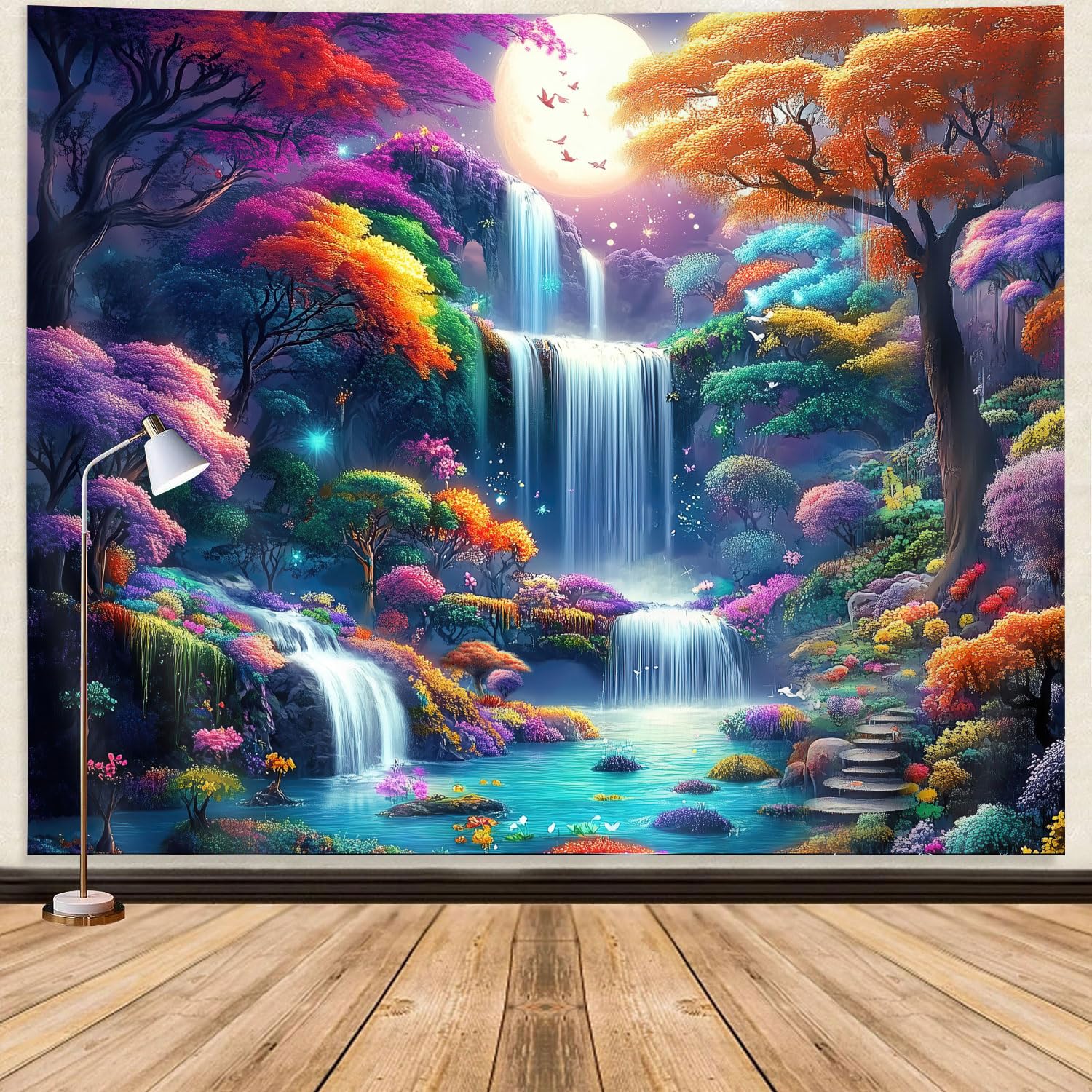 GOAOK Fantasy Enchanted Forest Tapestry, Fairytale Wonderland Colorful Tree Waterfall Art Moon Magical Aesthetic Landscape Tapestry Wall Hanging for
