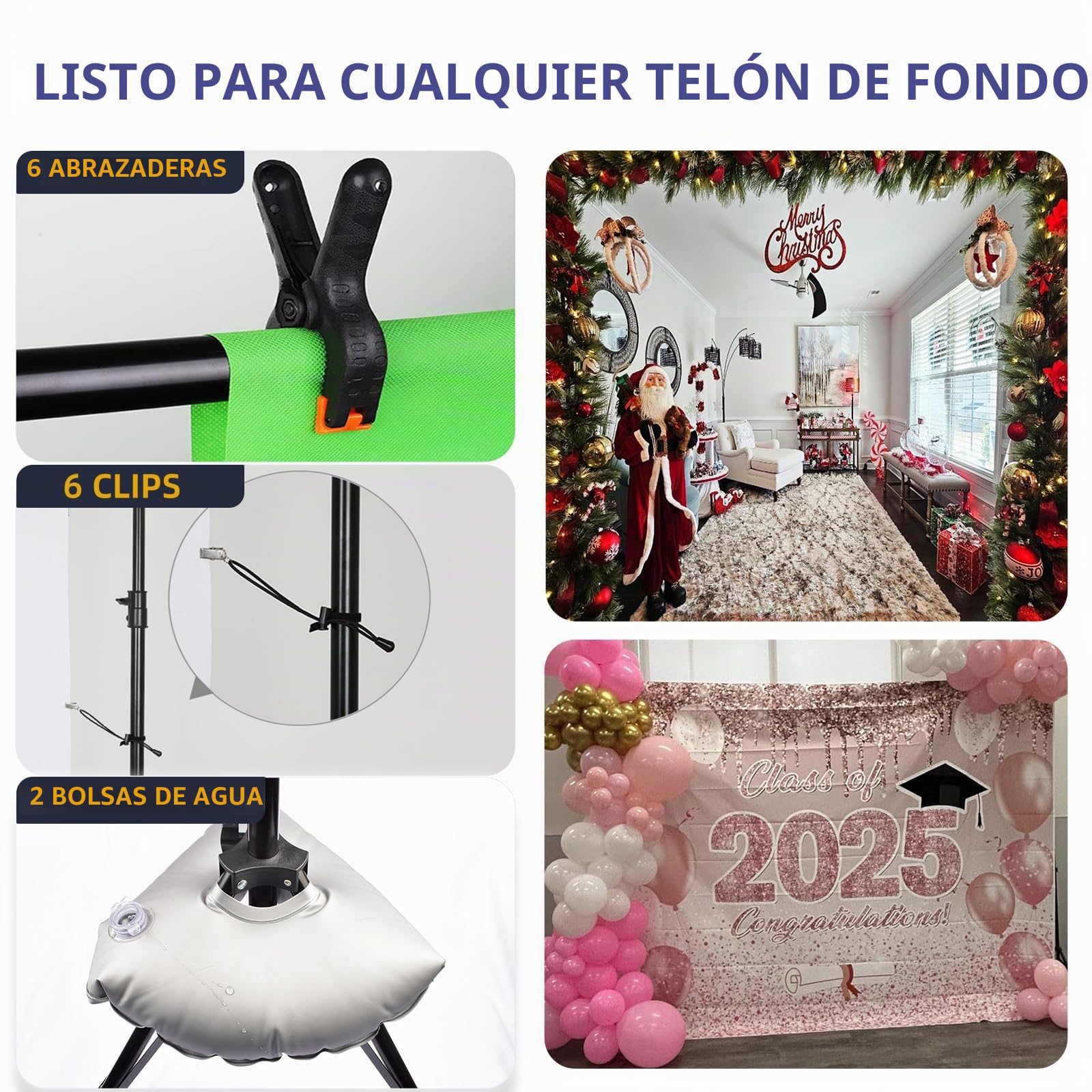 Kit de Soporte para Telón de Fondo 2.6x3m - Sistema de Soporte de Fondo Portátil y Ajustable | Incluye Bolsa, 12 Abrazaderas y 2 Bolsas de Agua | Ideal para Estudio en casa, Eventos, Bodas y Fiestas