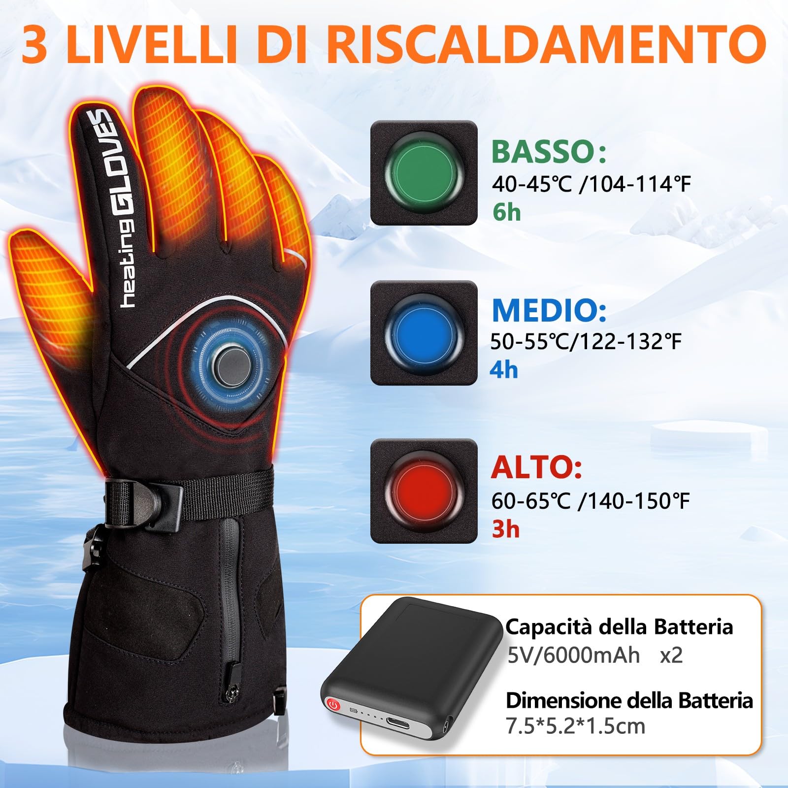 Mincoo Guanti Riscaldanti per Moto Unisex - Guanti Riscaldanti USB con Batteria 6000mAh, Impermeabili/Antivento, 3 Livelli di Regolazione della Temperatura, Ideali per lo Sci e la Bicicletta